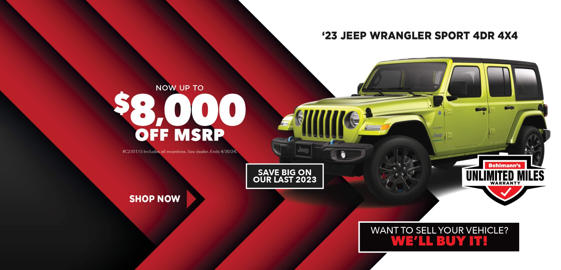 Yellow Jeep with advertising slogans: April Savings - Now up to $8,000 off MSRP on 2023 Jeep Wrangler Sport 4-door S.