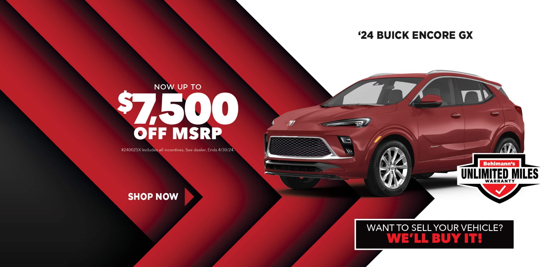 Red SUV with advertising slogans: April Savings - Save up to $7,500 off MSRP on 2024 Buick Encore GX.