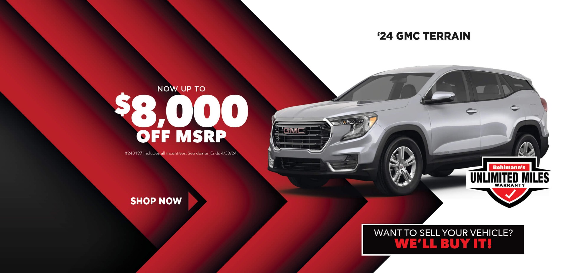 Gray SUV with advertising slogans: April Savings - Now up to $8,000 off MSRP on 2024 GMC Terrain.