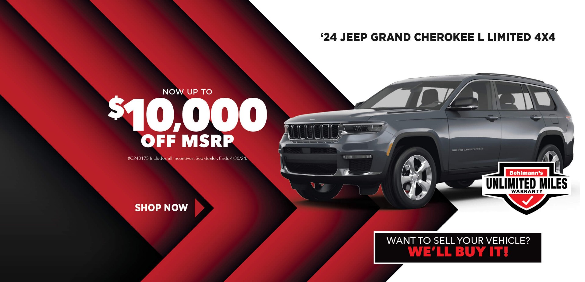 Gray SUV on red background with advertising slogans: April Savings - Now up to $10,000 off MSRP on 2024 Jeep Grand Cherokee Limited L.