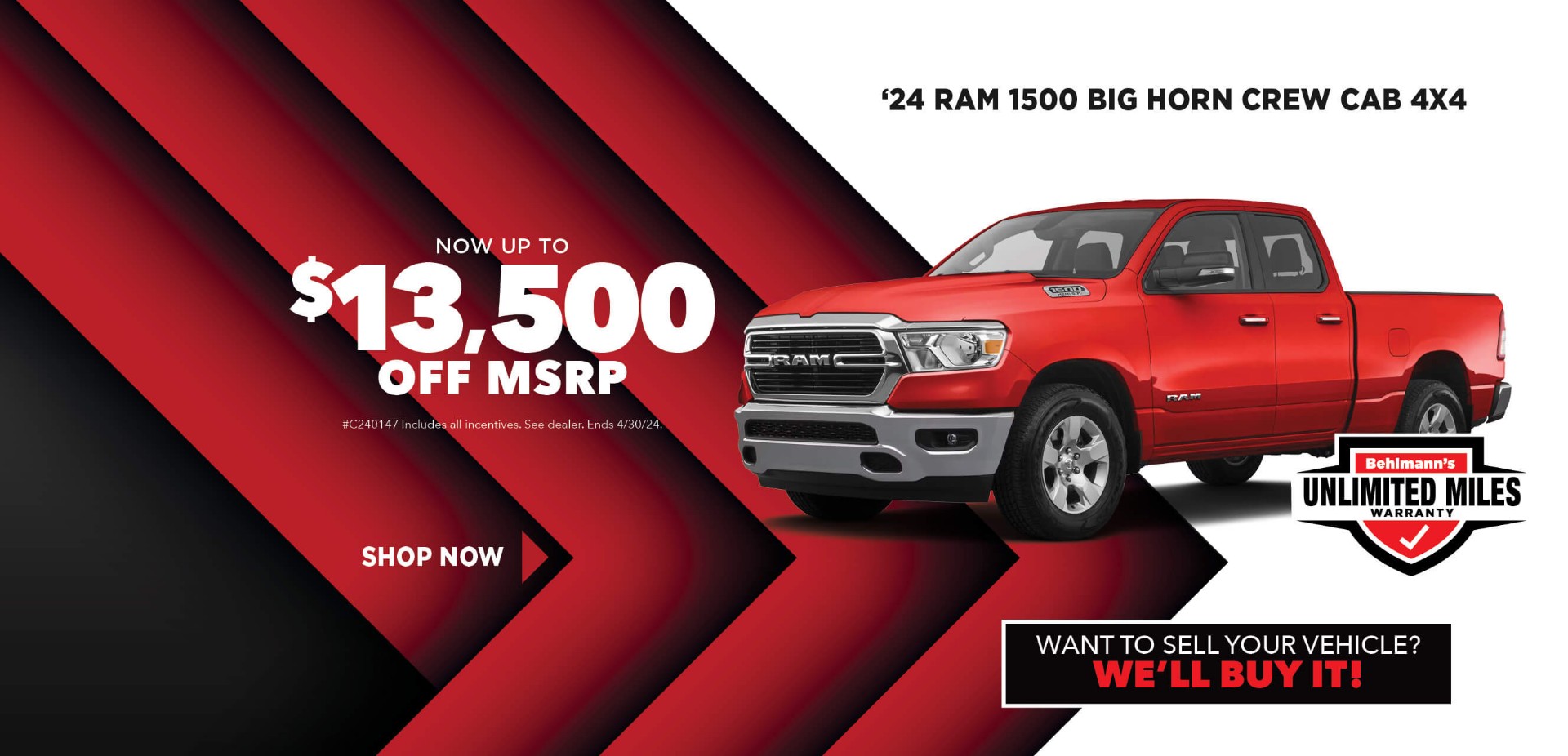 Red pickup truck on red background with advertising slogans: April Savings - Now up to $13,500 off MSRP on 2024 Ram 1500 Big Horn Crew 4x4.
