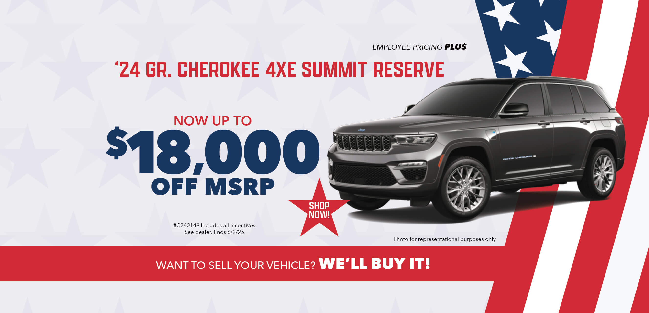 Gray SUV with advertising slogans: Employee Pricing Plus event at Behlmann! Now up to $18,000 off MSRP on 2024 Jeep Grand Cherokee 4XE Summit Reserve.