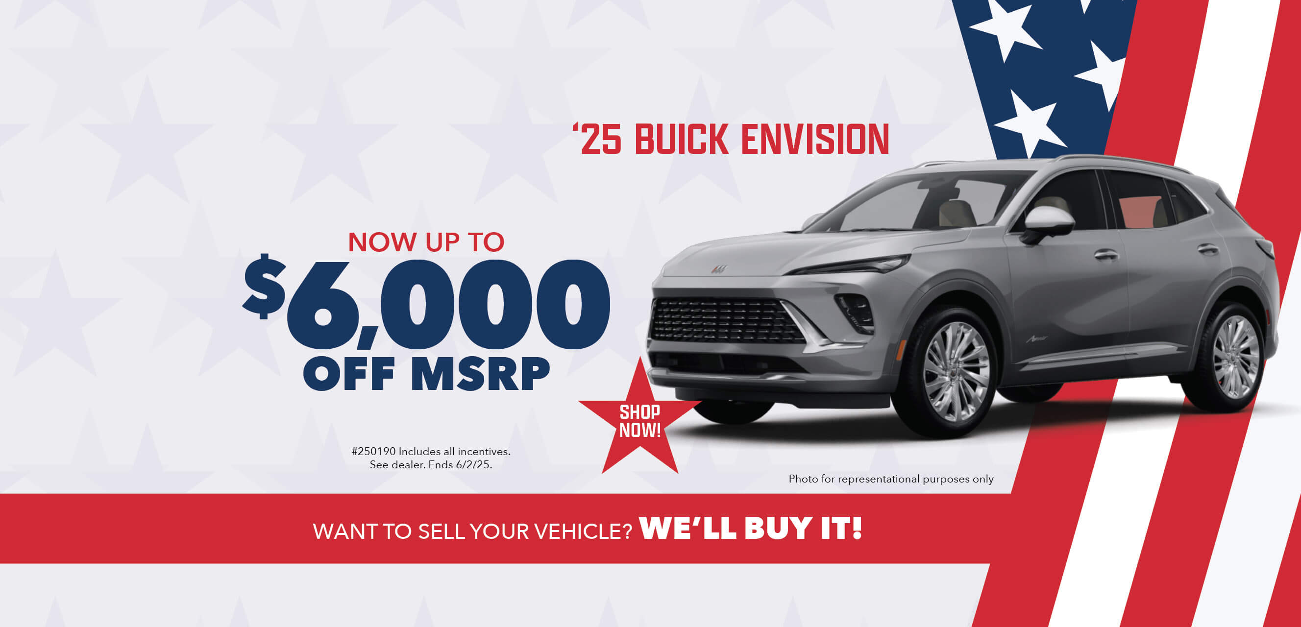 Gray SUV with advertising slogans: Employee Pricing Plus event at Behlmann! Now up to $6,000 off MSRP on 2025 Buick Envision.