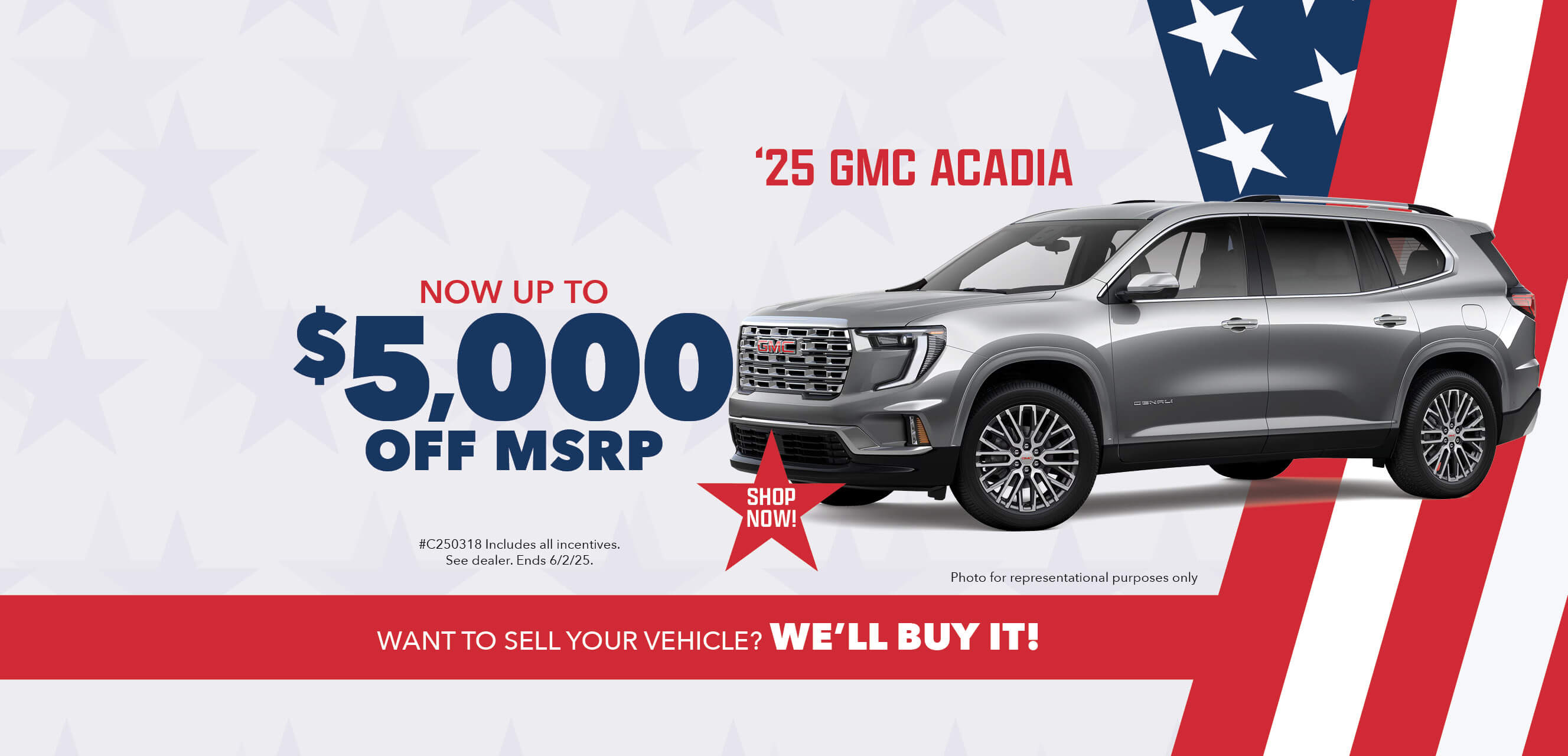 Silver car with advertising slogans: Employee Pricing Plus event at Behlmann! Now up to $5,000 off MSRP on 2025 GMC Acadia.