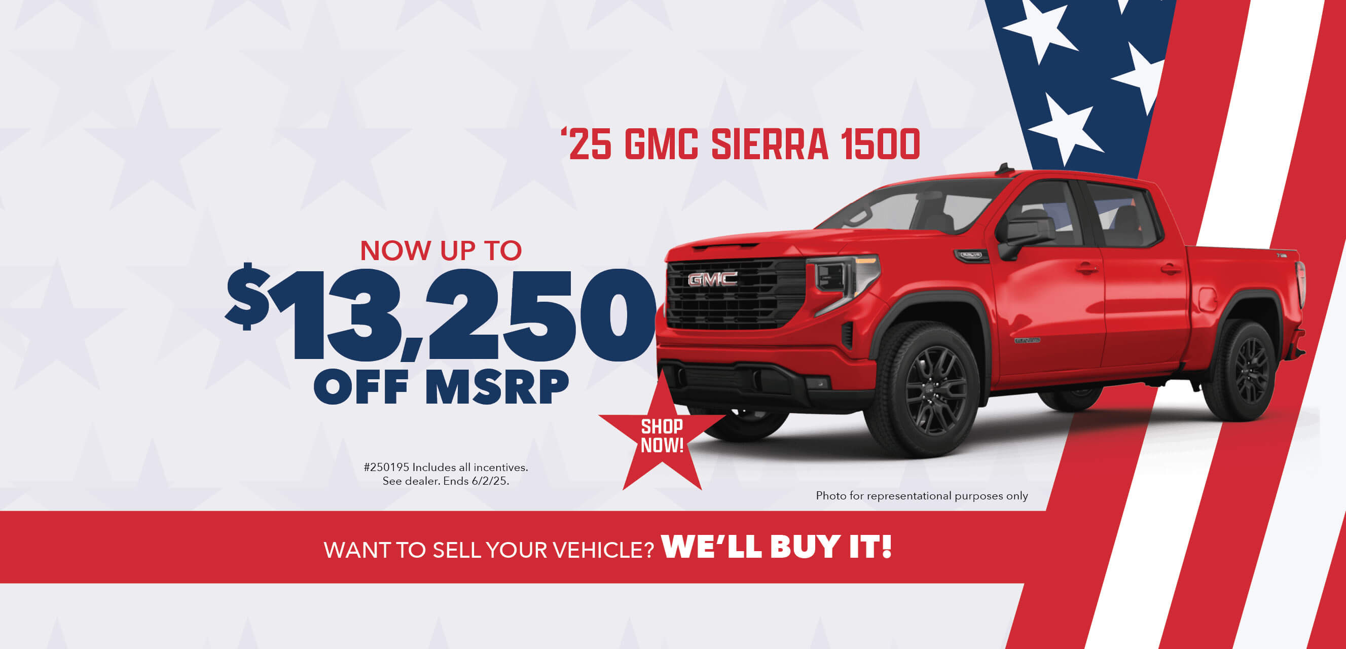 Silver car with advertising slogans: Employee Pricing Plus event at Behlmann! Now up to $13,250 off MSRP on 2025 GMC Sierra 1500.