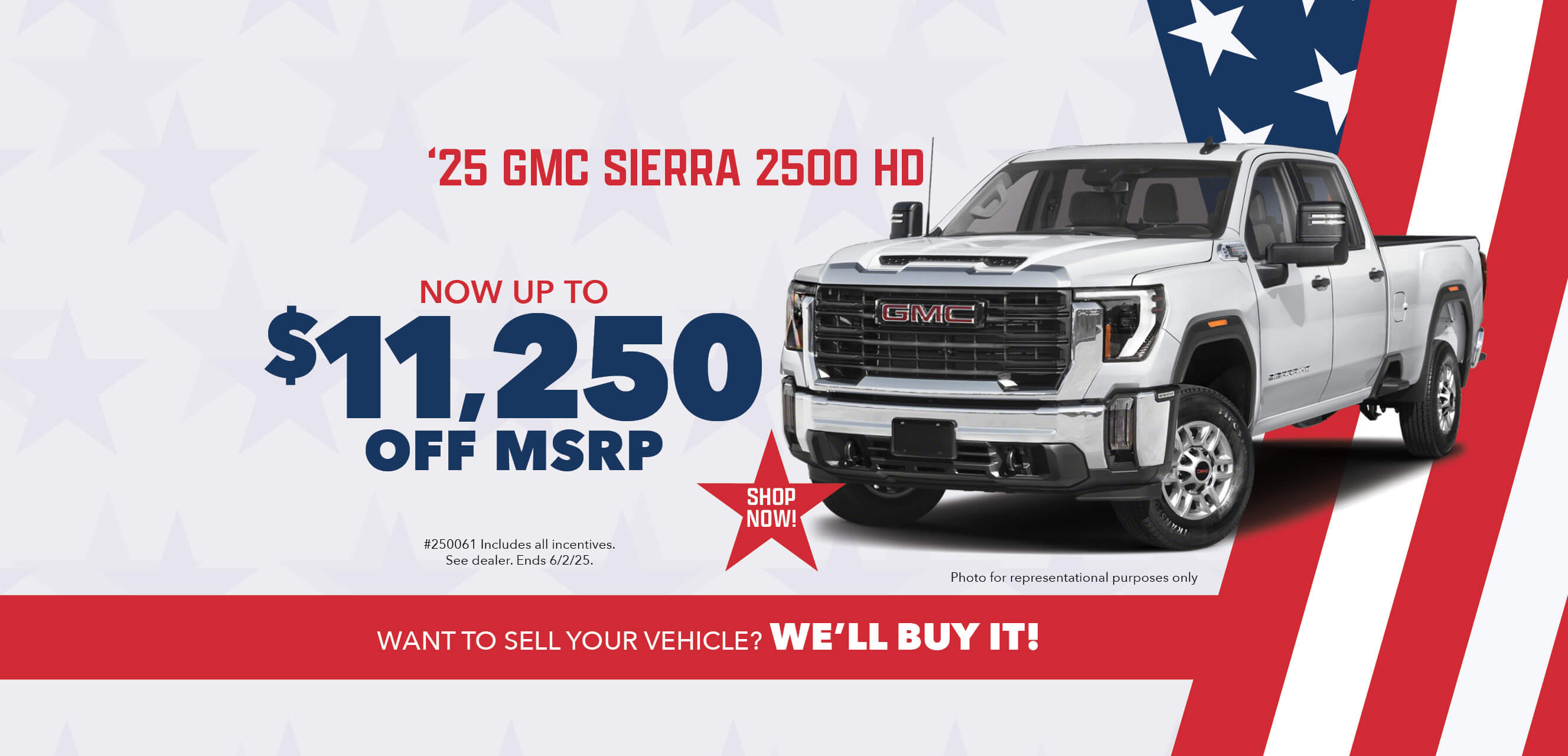 Silver car with advertising slogans: Employee Pricing Plus event at Behlmann! Now up to $11,250 off MSRP on 2025 GMC Sierra 2500 HD.