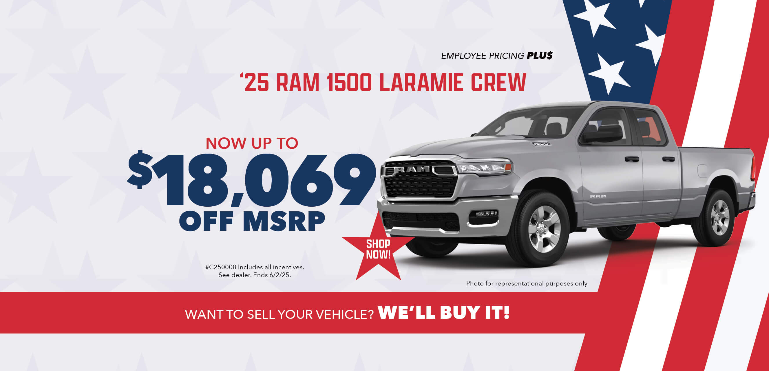 Silver car with advertising slogans: Employee Pricing Plus event at Behlmann! Now up to $18,069 off MSRP on 2025 Ram 1500 Laramie Crew.