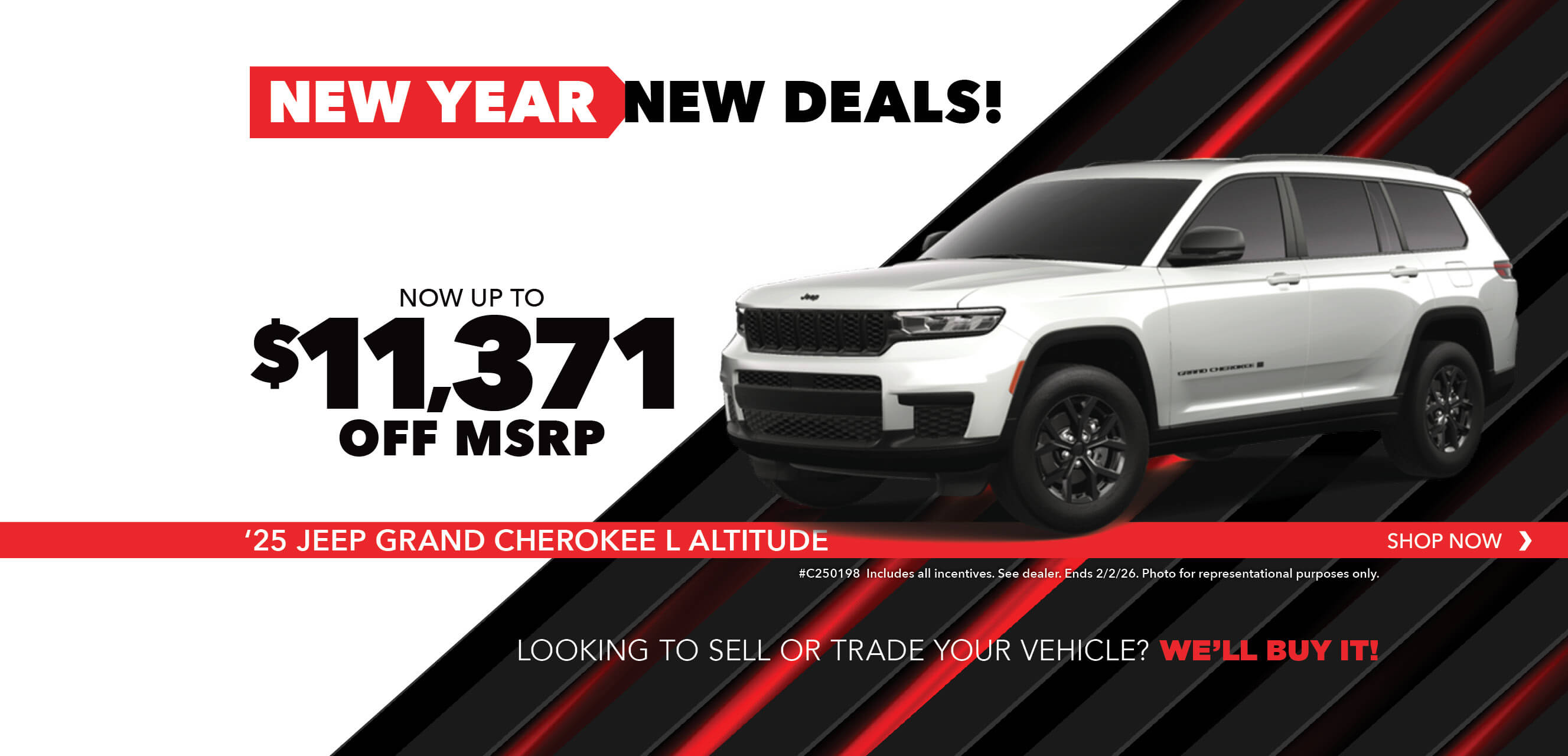White SUV with advertising slogans: Now up to $11,371 off MSRP on 2025 Jeep Grand Cherokee L Altitude.