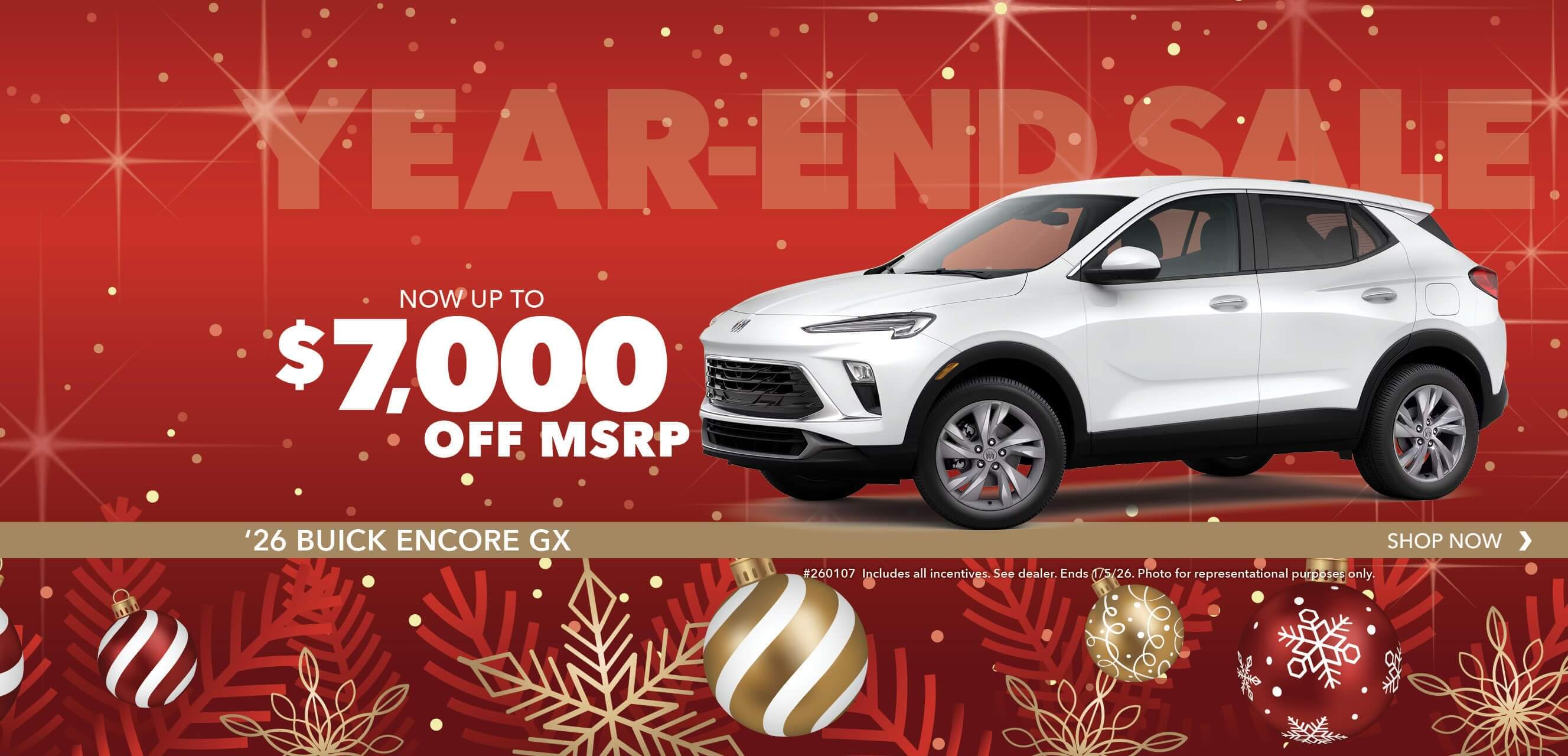 White SUV with advertising slogans:  Now up to $7,000 off MSRP on 2026 Buick Encore GX.