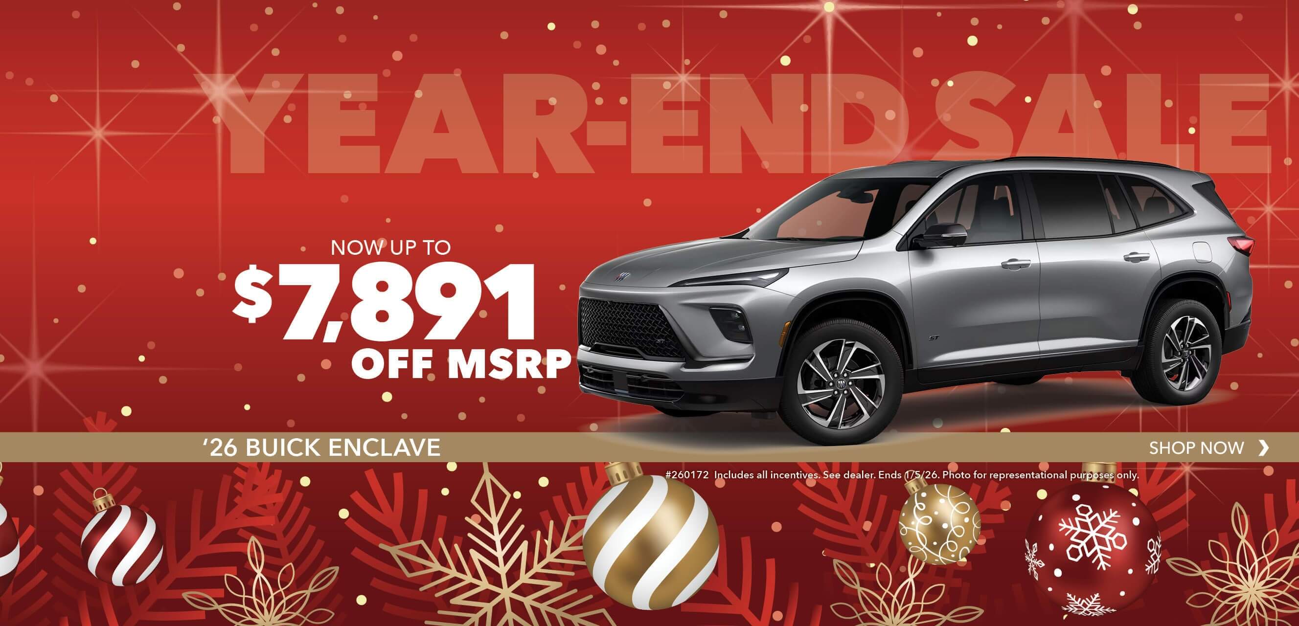 Gray SUV with advertising slogans:  Now up to $7,891 off MSRP on 2026 Buick Enclave