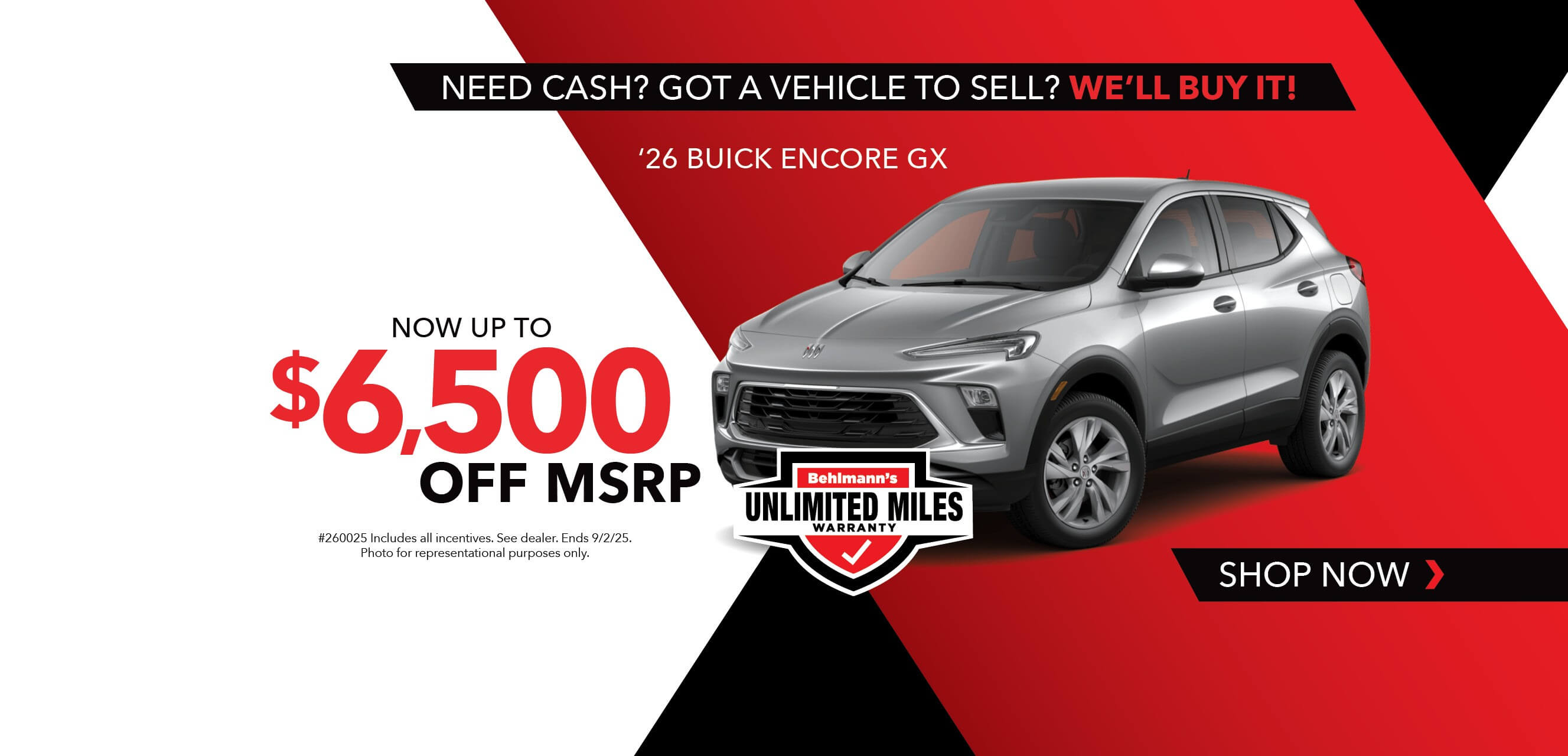 Gray SUV with advertising slogans:  Now up to $6,500 off MSRP on 2026 Buick Encore GX.