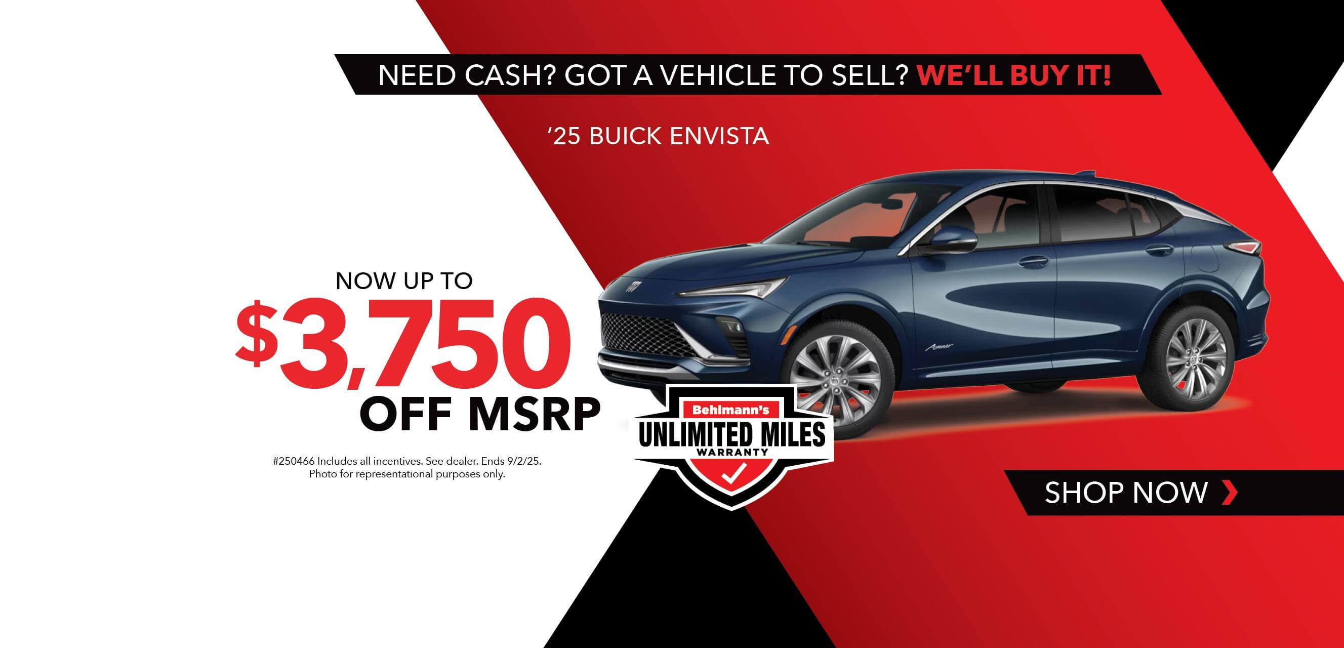 Blue SUV with advertising slogans:  Now up to $3,750 off MSRP on 2025 Buick Envista.