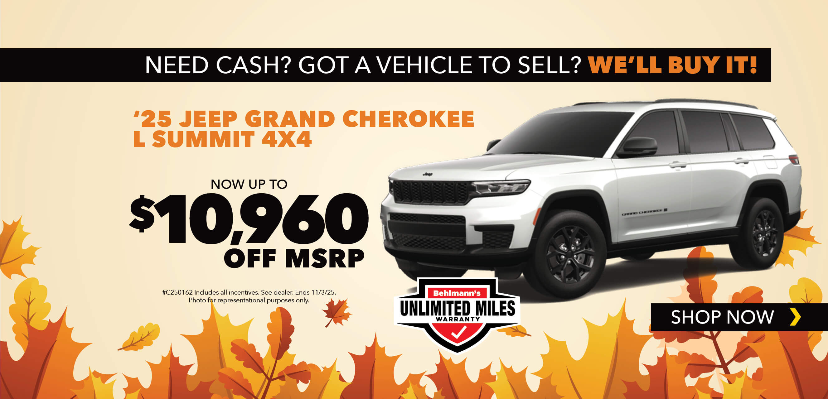 White SUV with advertising slogans: Now up to $10,960 off MSRP on 2025 Jeep Grand Cherokee L Summit.