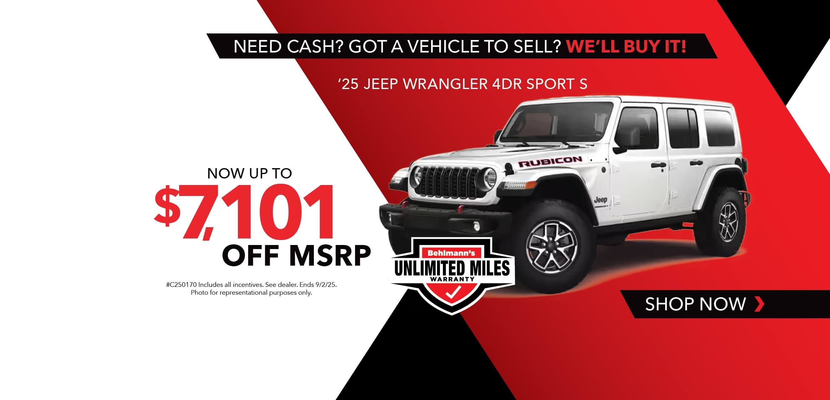 White SUV with advertising slogans:  Now up to $7,101 off MSRP on 2025 Jeep Wrangler 4 DR Rubicon X.