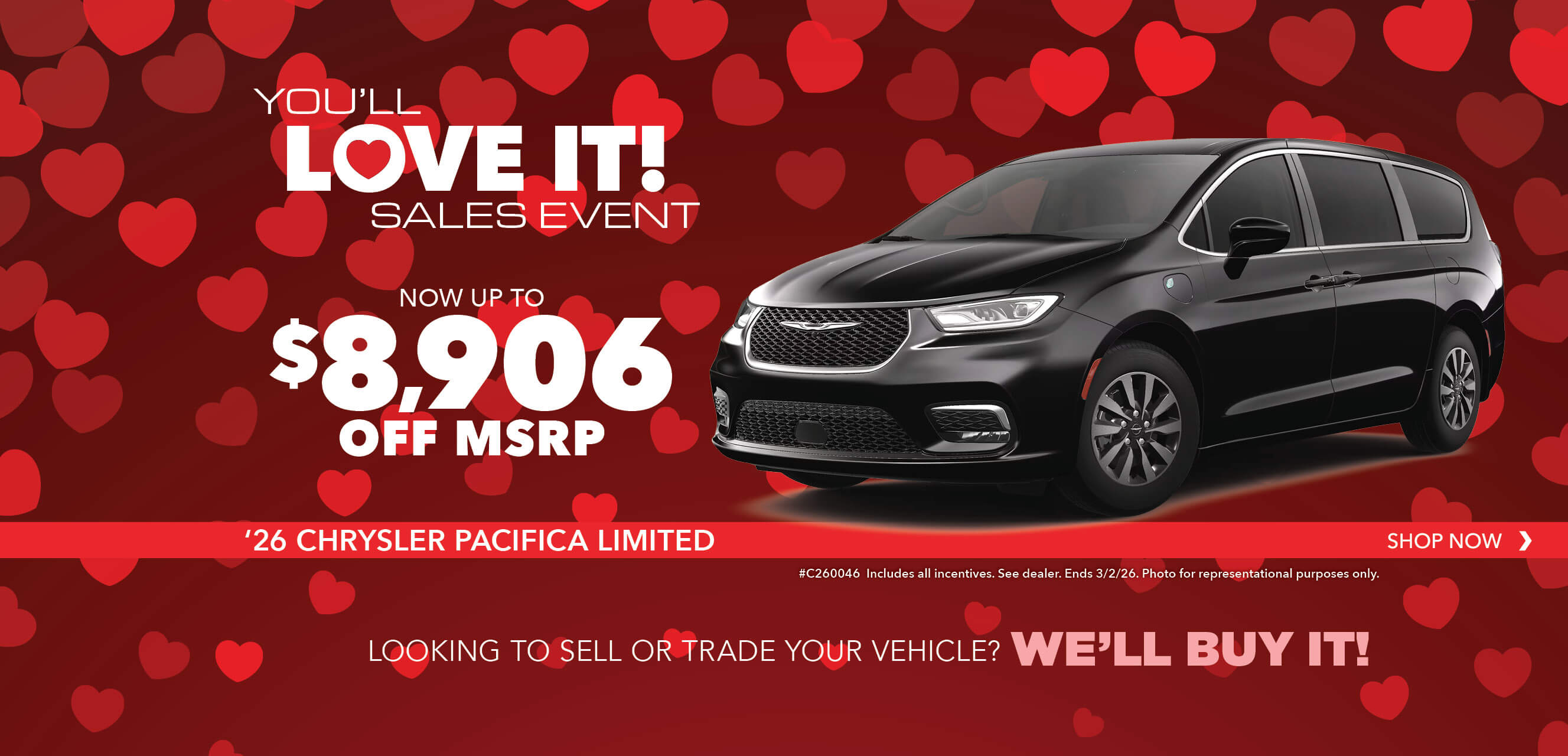 Black minivan with advertising slogans:  Now up to $8,906 off MSRP on 2026 Chrysler Pacifica Limited.