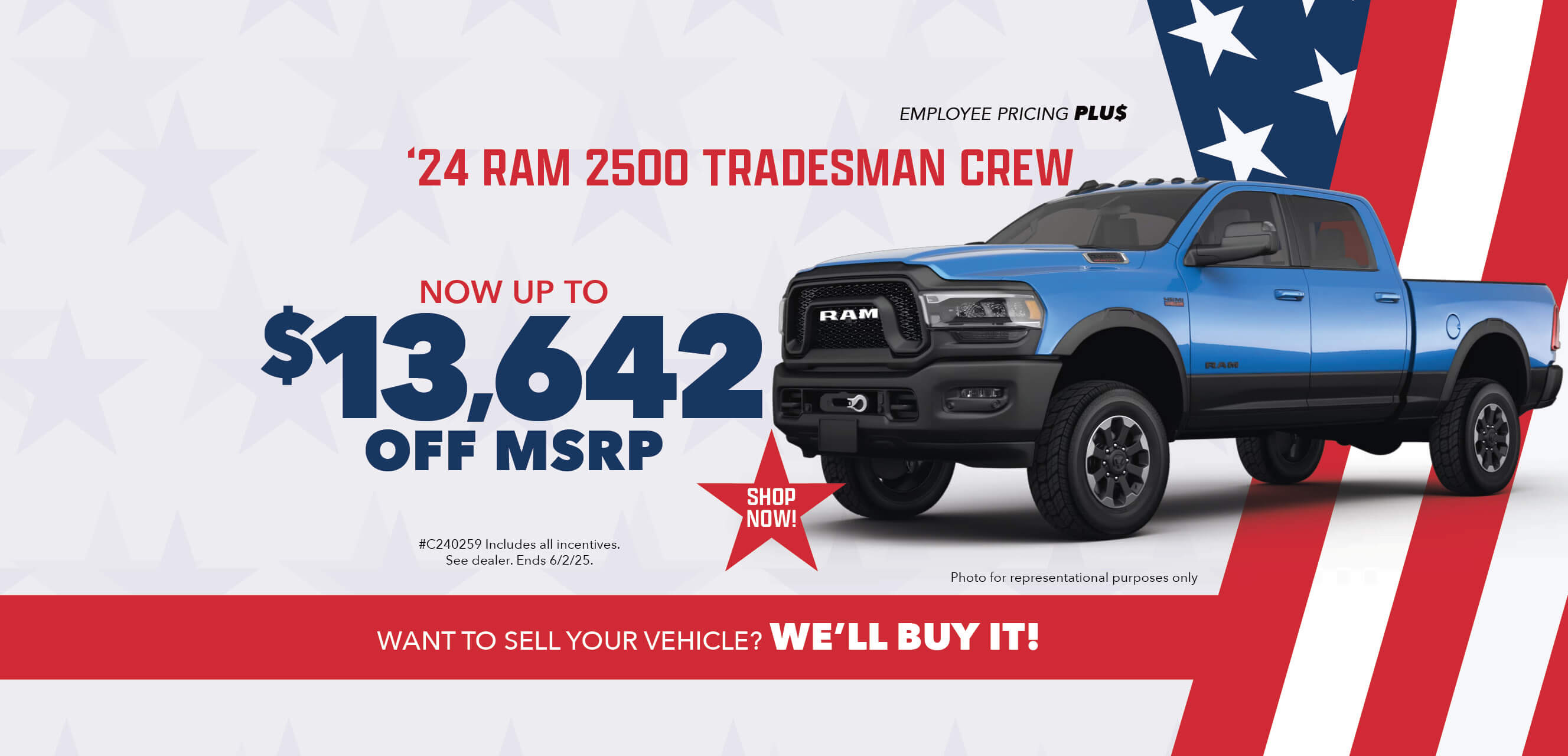 Blue pickup truck with advertising slogans: Employee Pricing Plus event at Behlmann! Now up to $13,688 off MSRP on 2024 Ram 2500 Tradesman Crew.