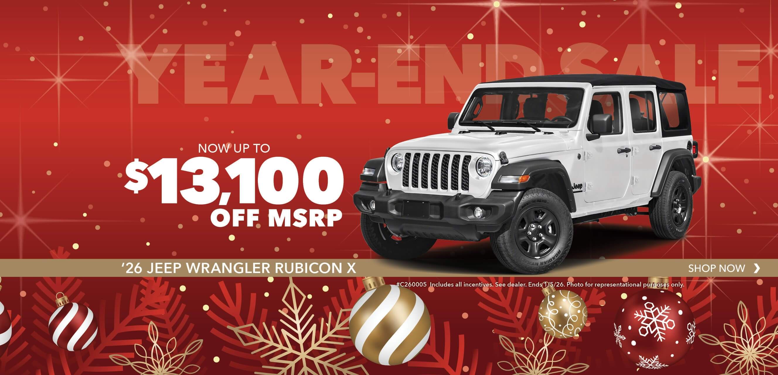 White SUV with advertising slogans:  Now up to $13,003 off MSRP on 2026 Jeep Wrangler Rubicon X.