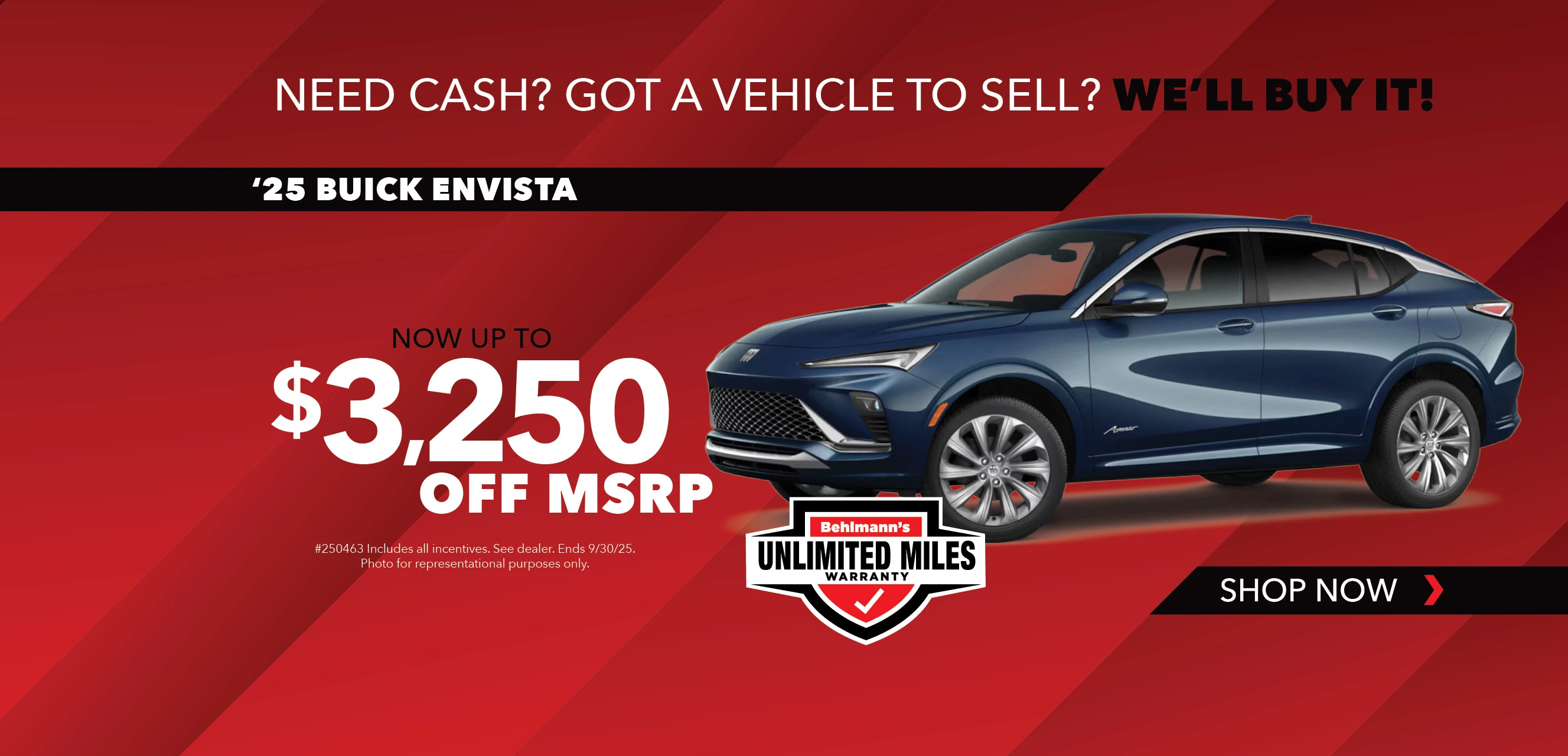 Blue SUV with advertising slogans:  Now up to $3,250 off MSRP on 2025 Buick Envista.
