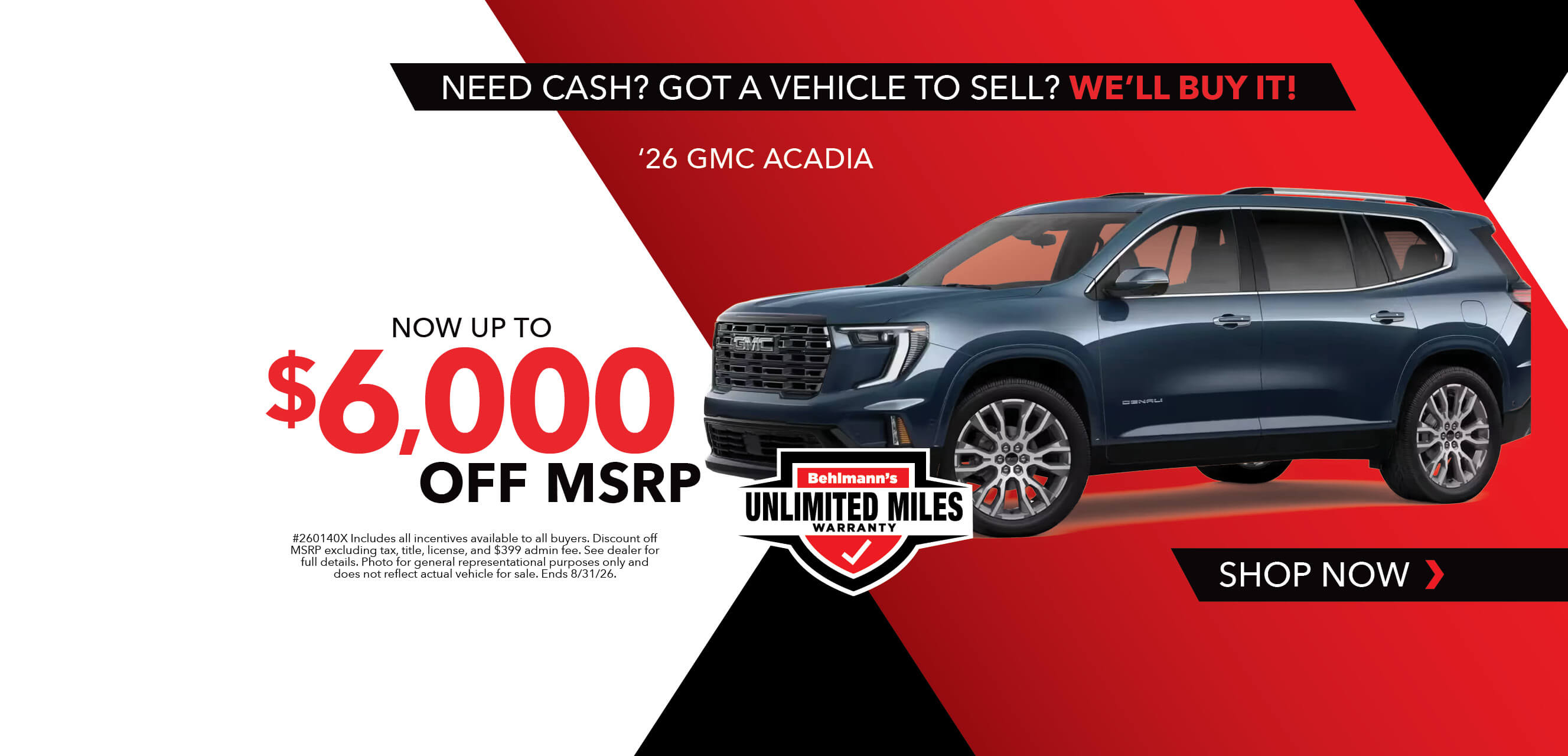 Gray SUV with advertising clogans: Now up to $6,000 off MSRP on 2026 GMC Acadia