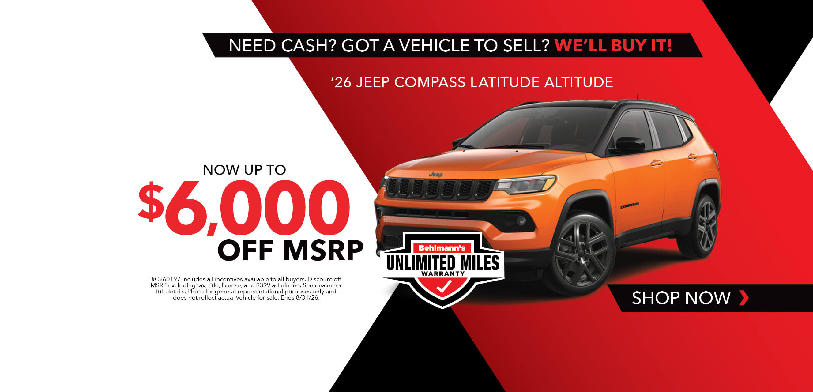 Orange SUV with advertising slogans: Now up to $6,000 off MSRP on 2026 Jeep Compass Latitude Altitude.