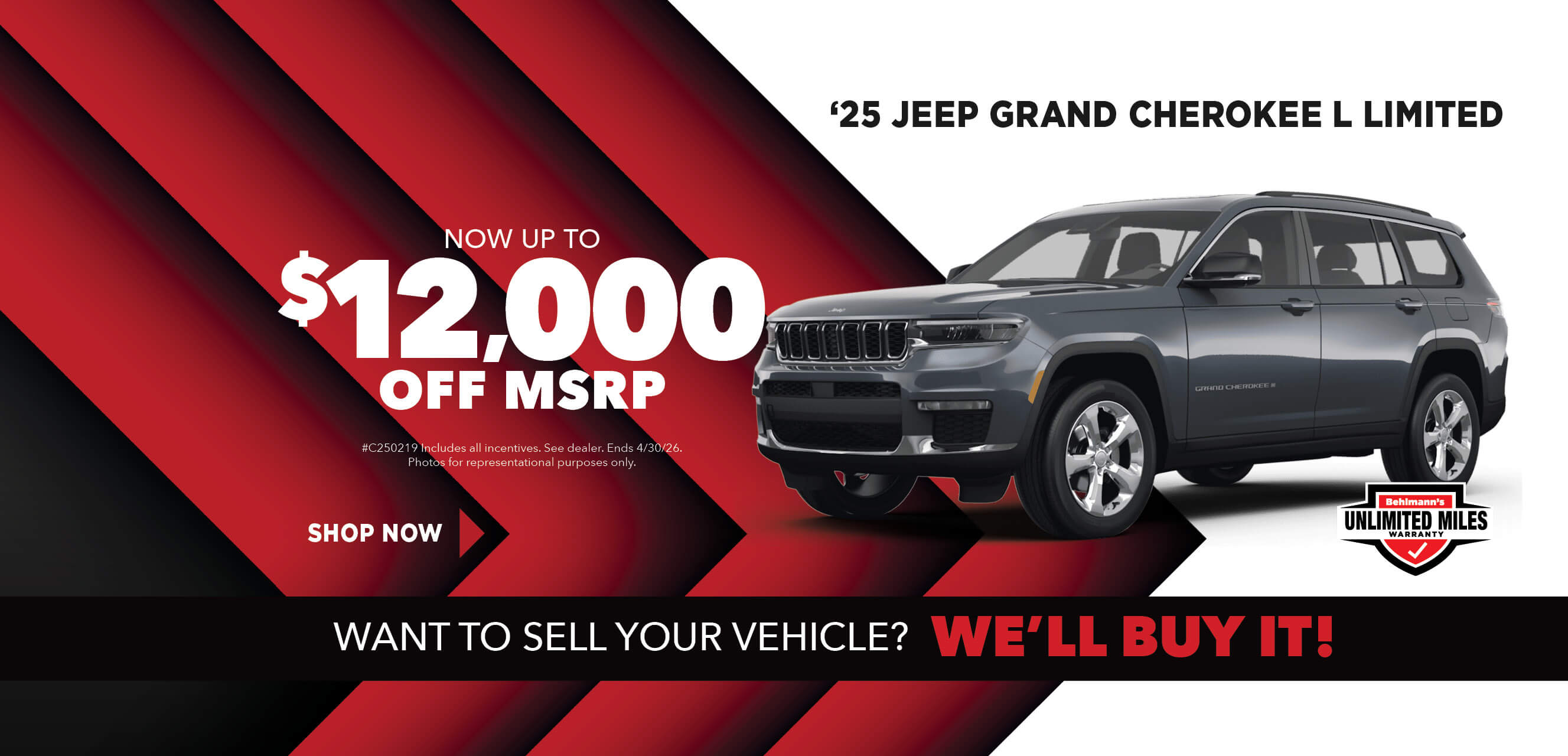 Grey SUV with advertising slogans: Now up to $12,000 off MSRP on 2025 Jeep Grand Cherokee L Limited.