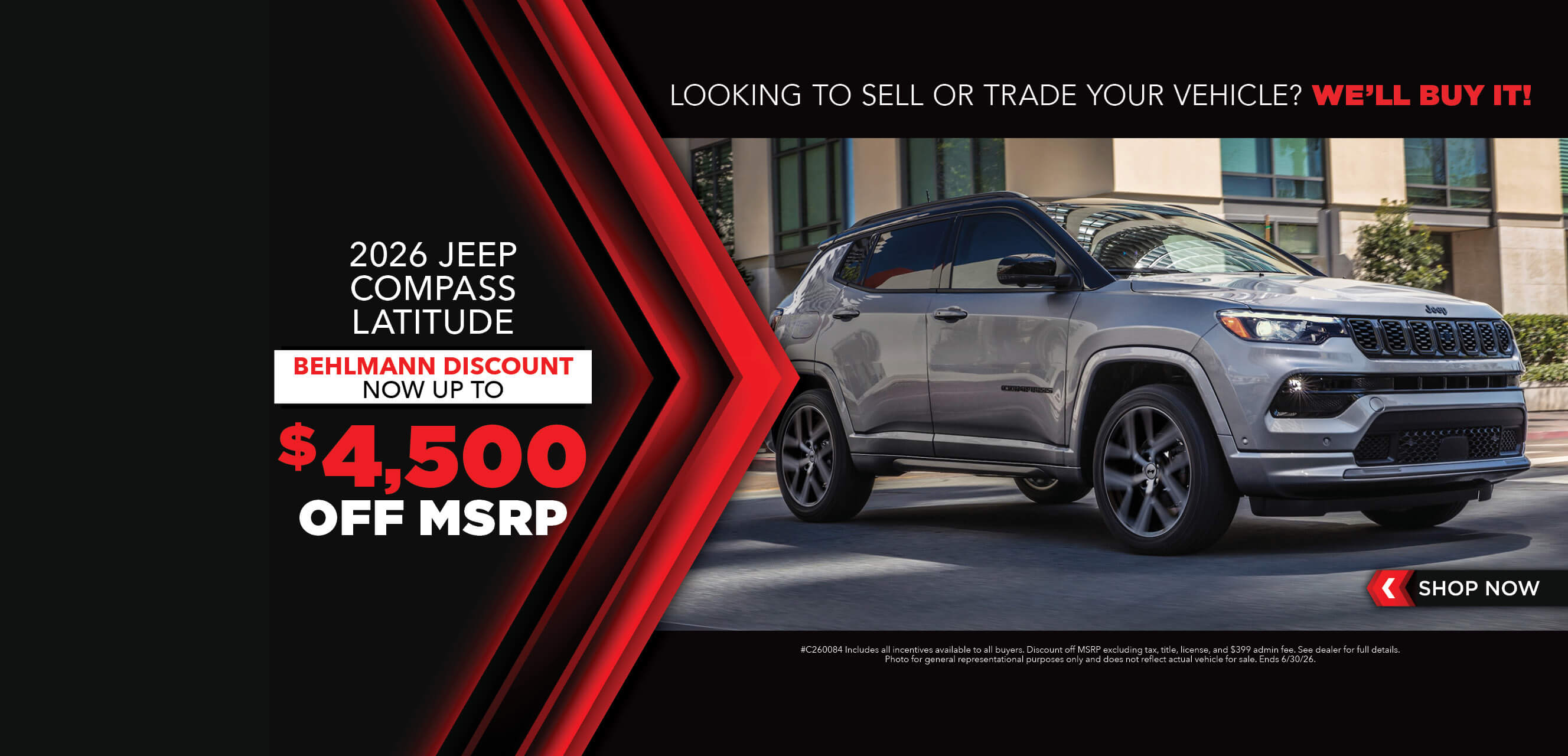 Grey SUV with advertising slogans: Now up to $4,500 off MSRP on 2026 Jeep Compass Latitude.