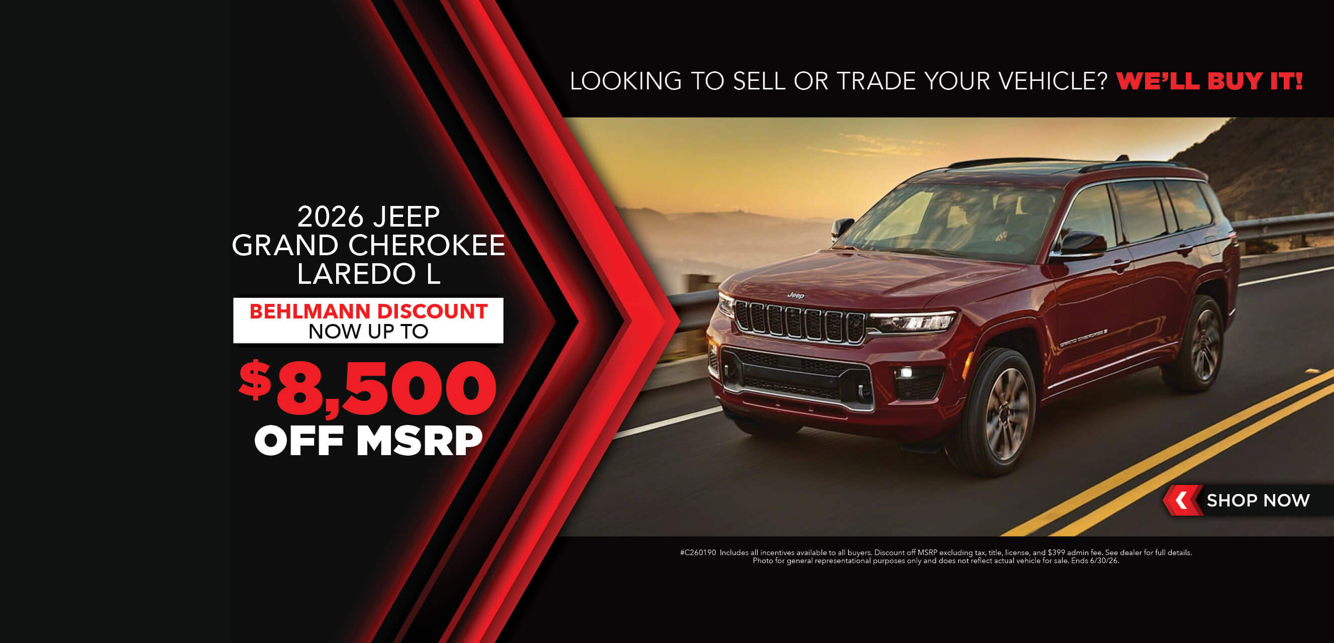 Red SUV with advertising slogans: Now up to $8,500 off MSRP on 2026 Jeep Grand Cherokee Laredo L.