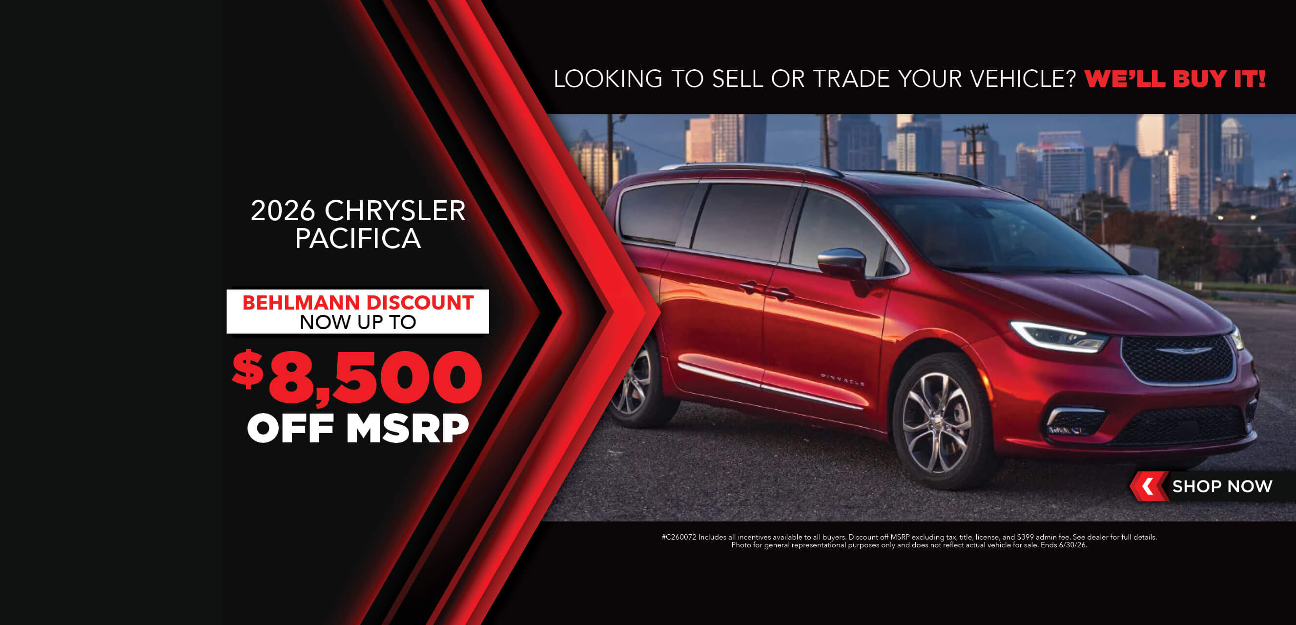 Red minivan with advertising slogans:  Now up to $8,500 off MSRP on 2026 Chrysler Pacifica LTD.