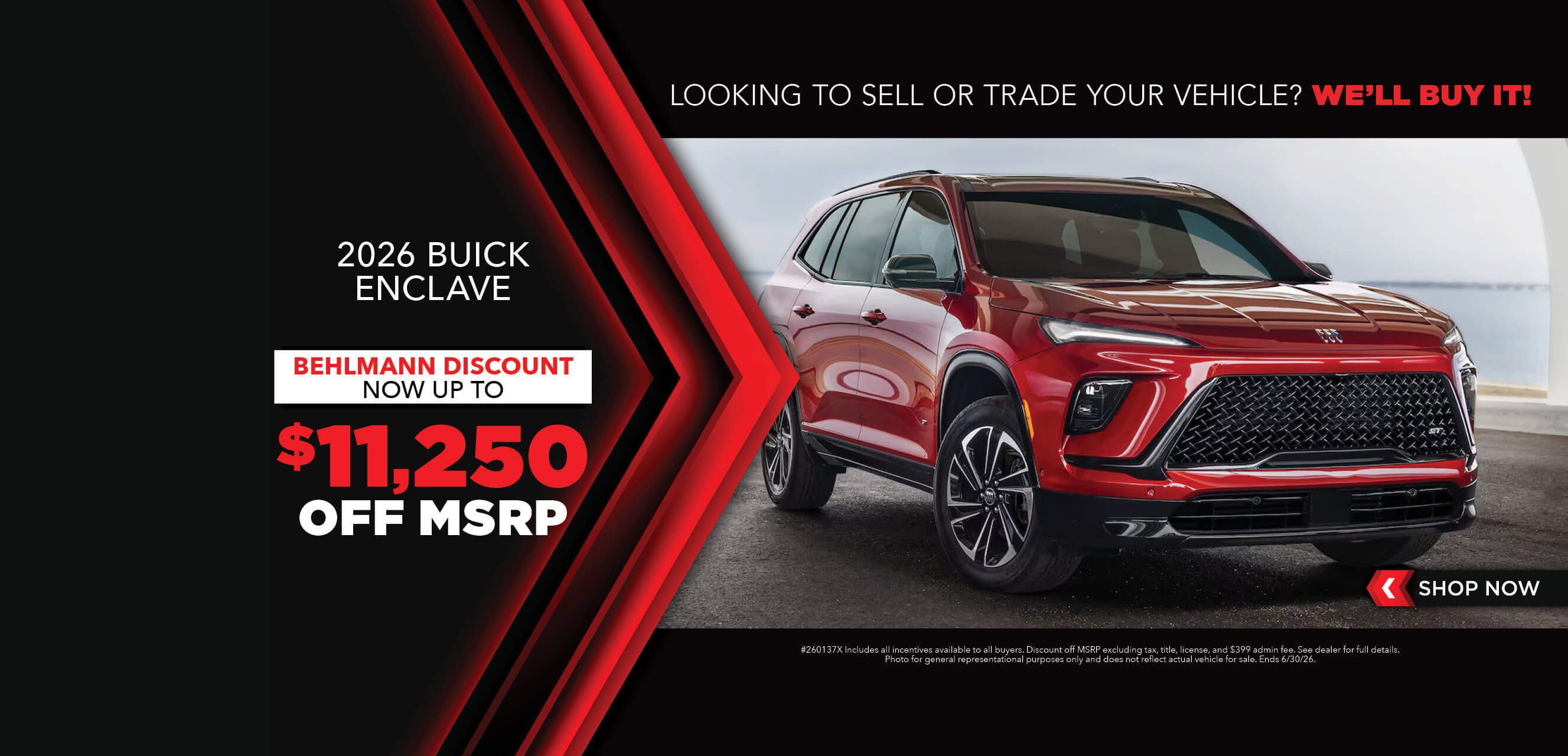 Red SUV with advertising slogans:  Now up to $11,250 off MSRP on 2026 Buick Enclave