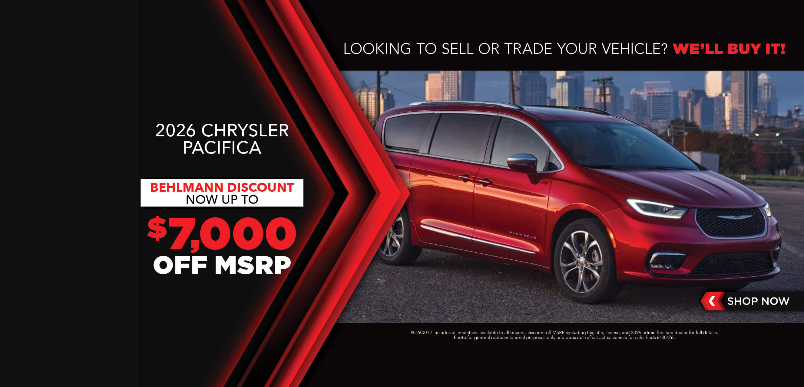 Red minivan with advertising slogans:  Now up to $7,000 off MSRP on 2026 Chrysler Pacifica LTD.