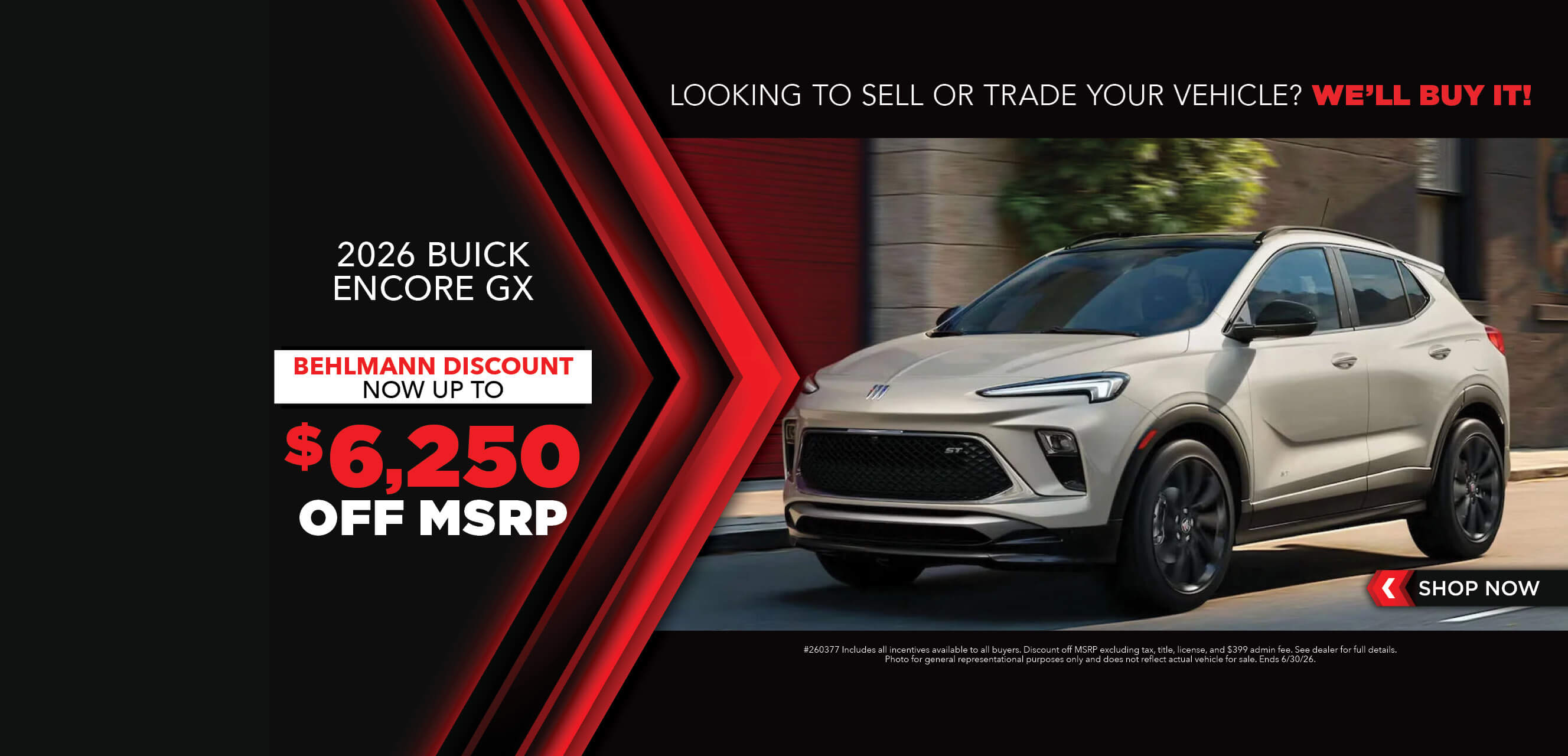 Gold SUV with advertising slogans:  Now up to $6,250 off MSRP on 2026 Buick Encore GX.