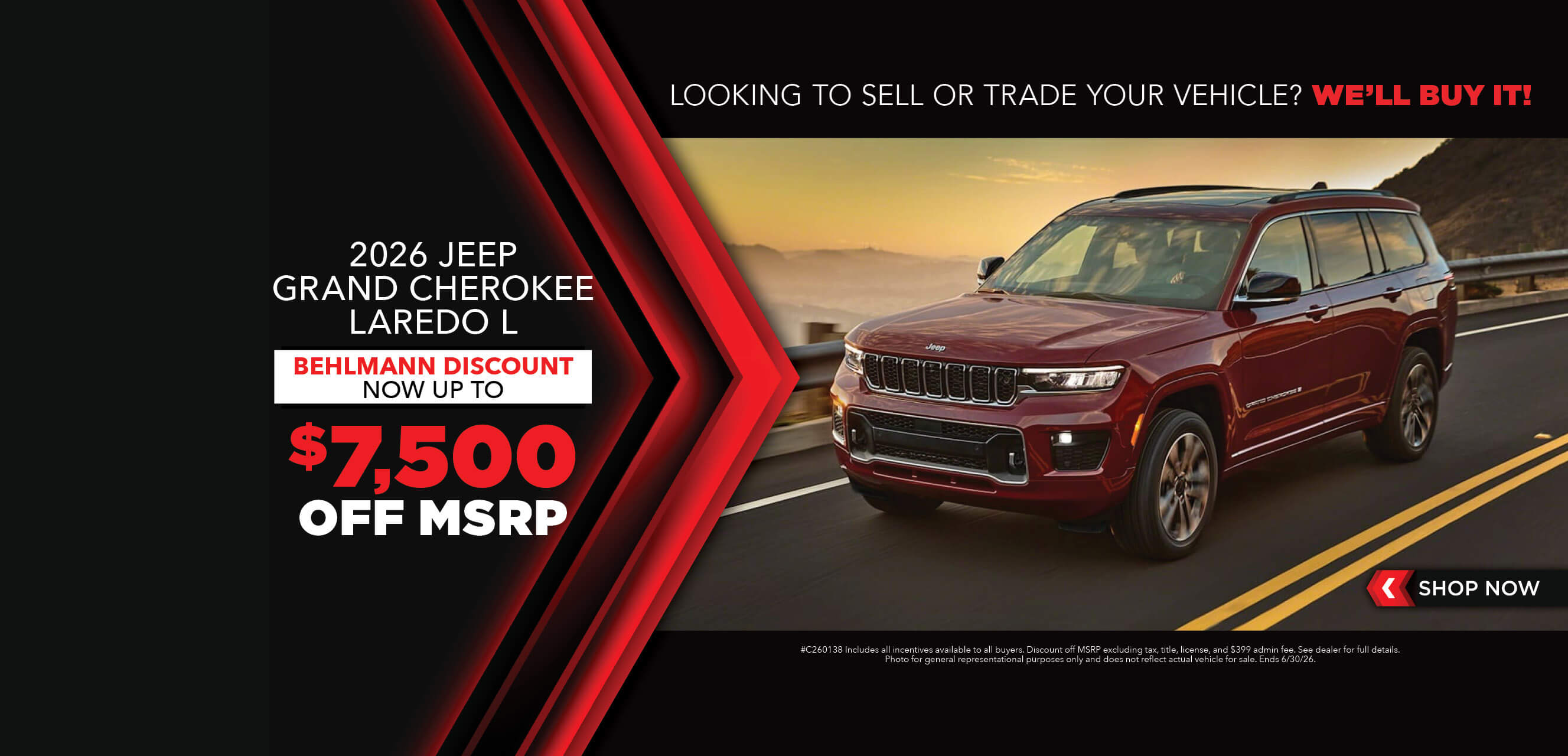 Red SUV with advertising slogans: Now up to $7,500 off MSRP on 2026 Jeep Grand Cherokee Laredo L.