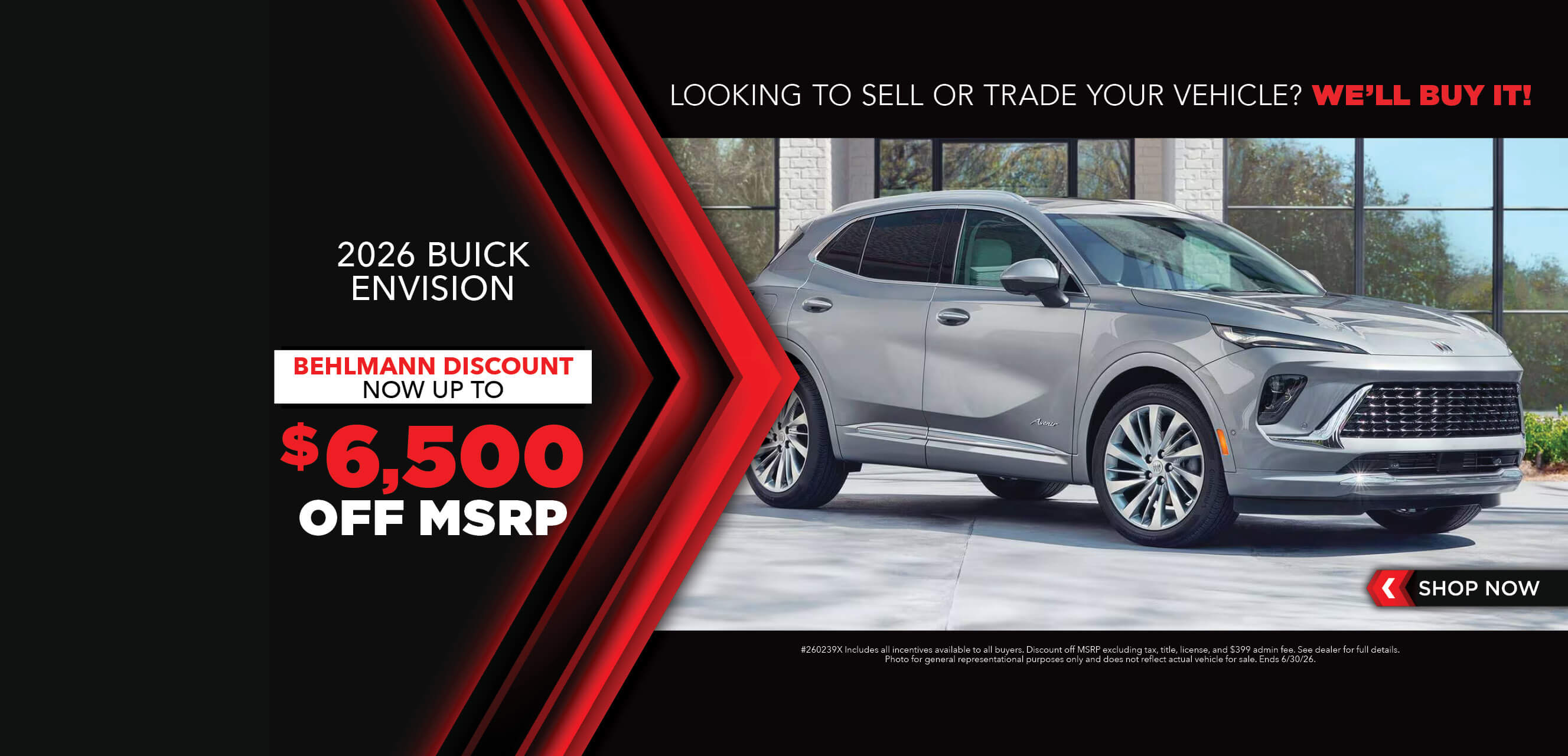 Silver SUV with advertising slogans: Now up to $6,500 off MSRP on 2026 Buick Envision.