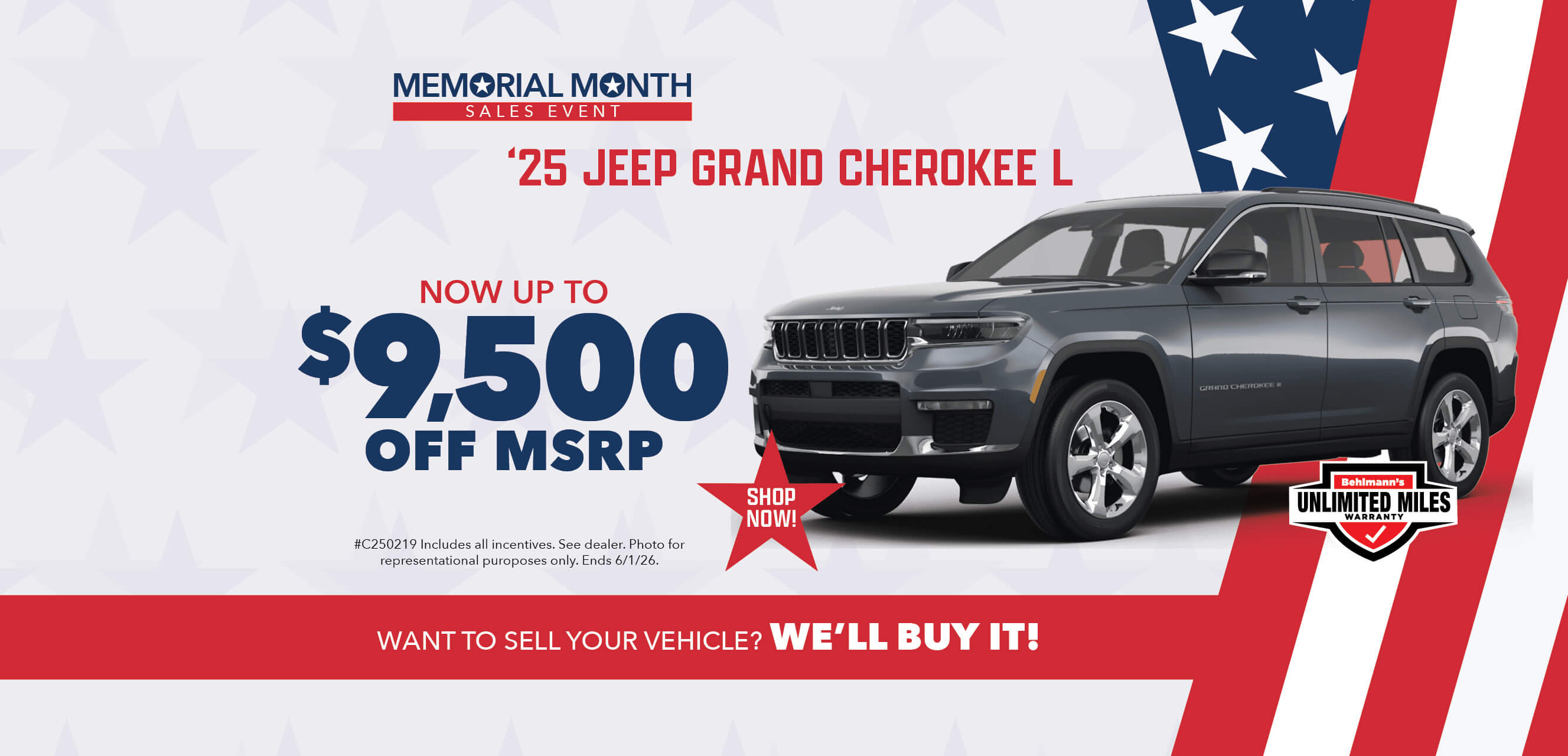 Grey SUV with advertising slogans: Now up to $9,500 off MSRP on 2025 Jeep Grand Cherokee L.