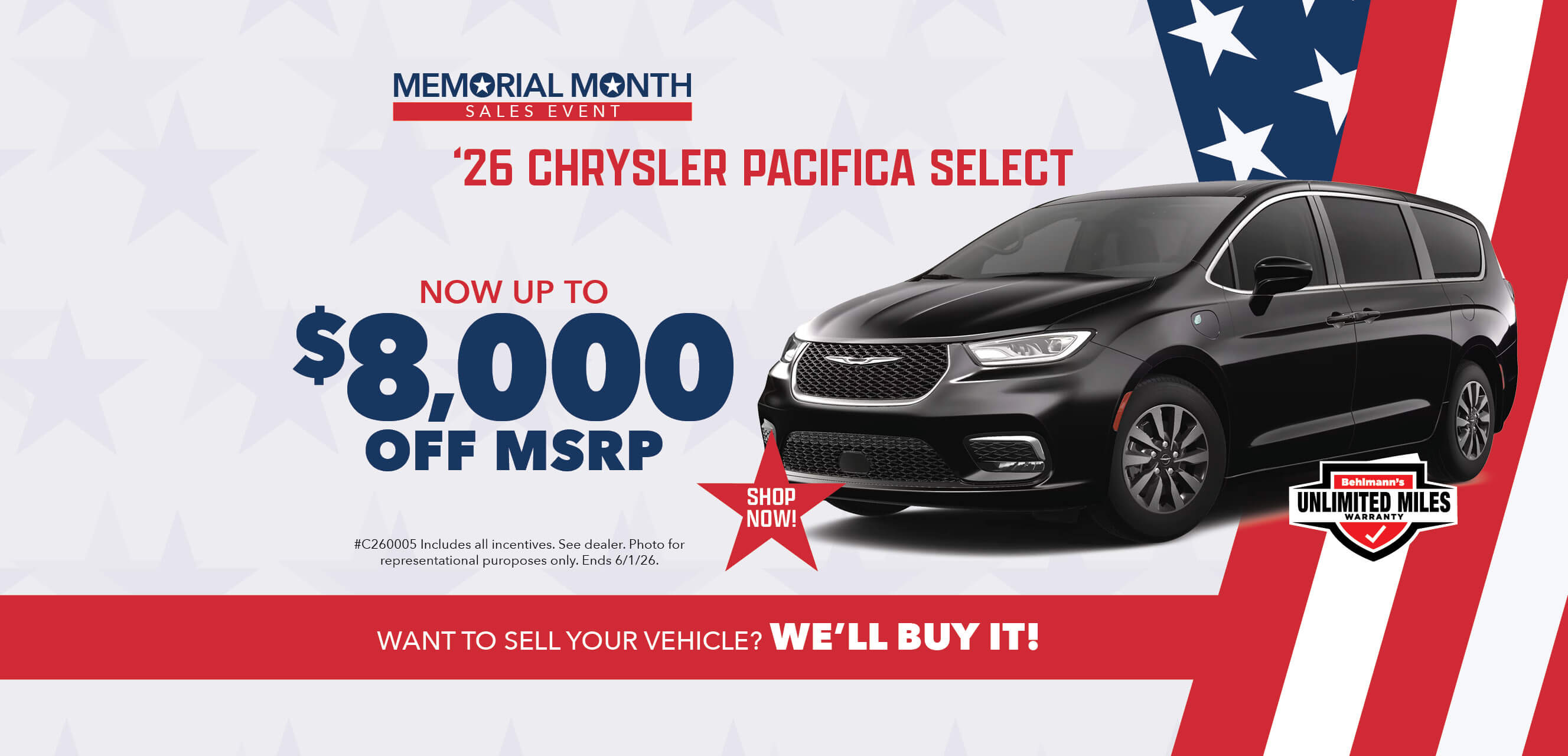 Black minivan with advertising slogans:  Now up to $8,000 off MSRP on 2026 Chrysler Pacifica Select.