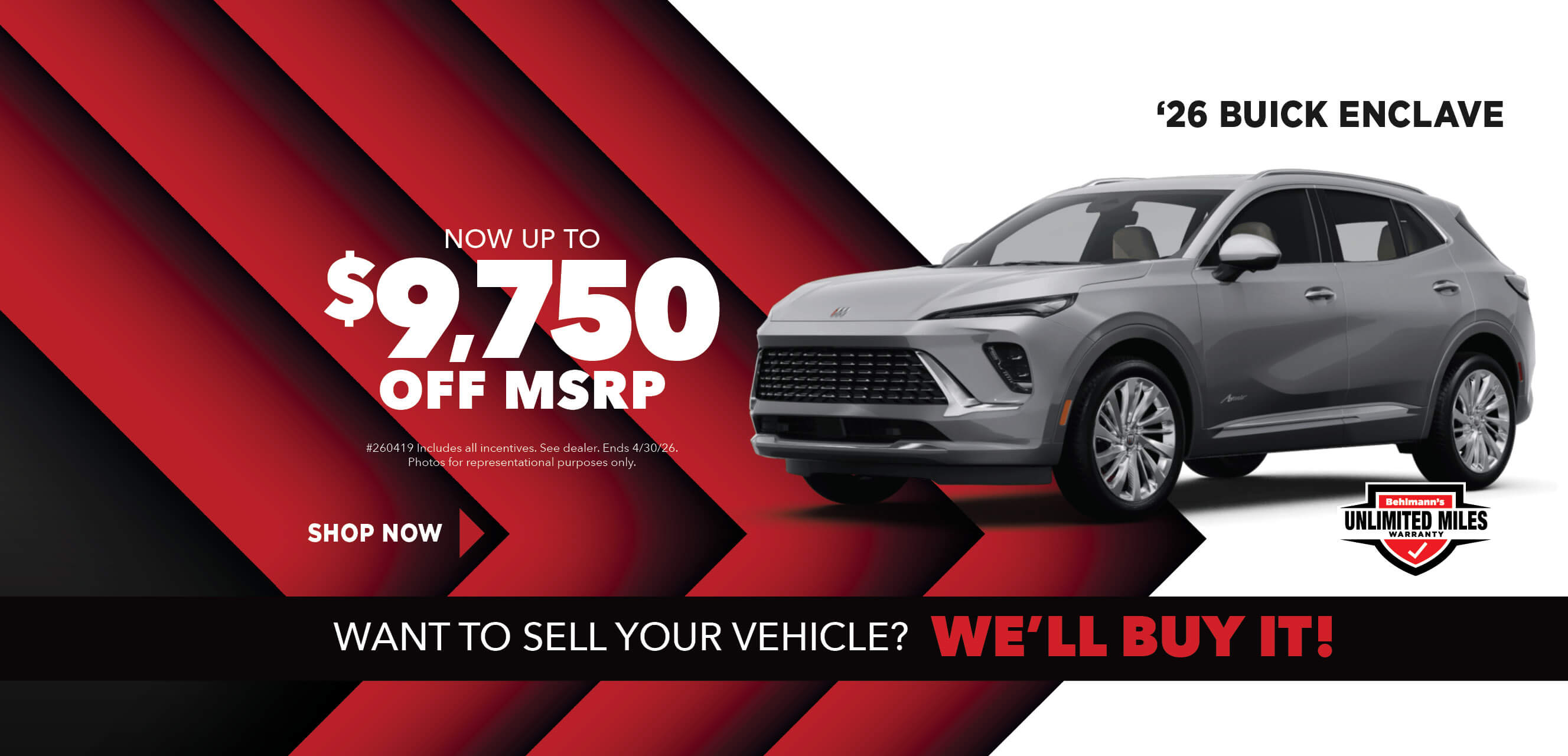 Gray SUV with advertising slogans:  Now up to $9,750 off MSRP on 2026 Buick Enclave