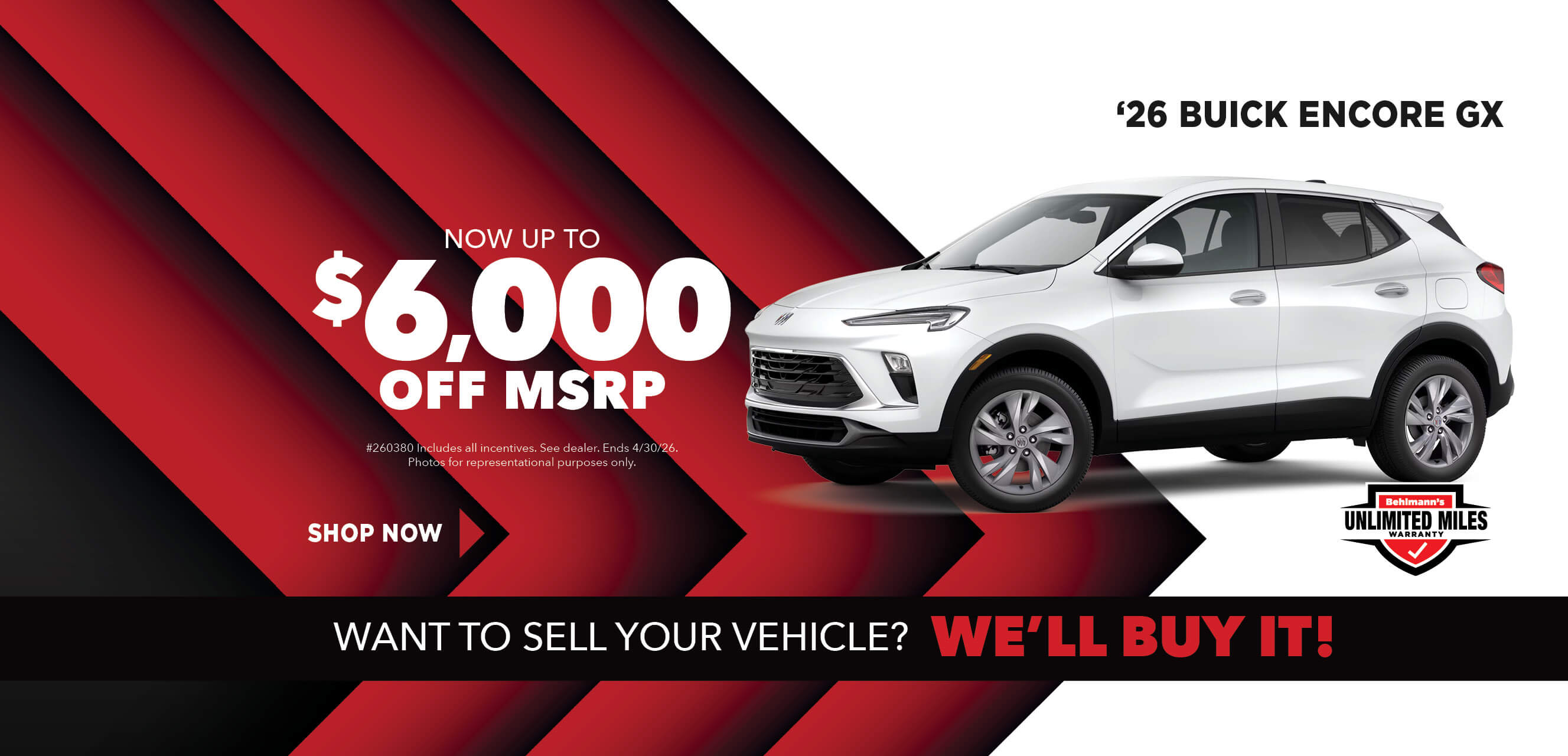 White SUV with advertising slogans:  Now up to $6,000 off MSRP on 2026 Buick Encore GX.