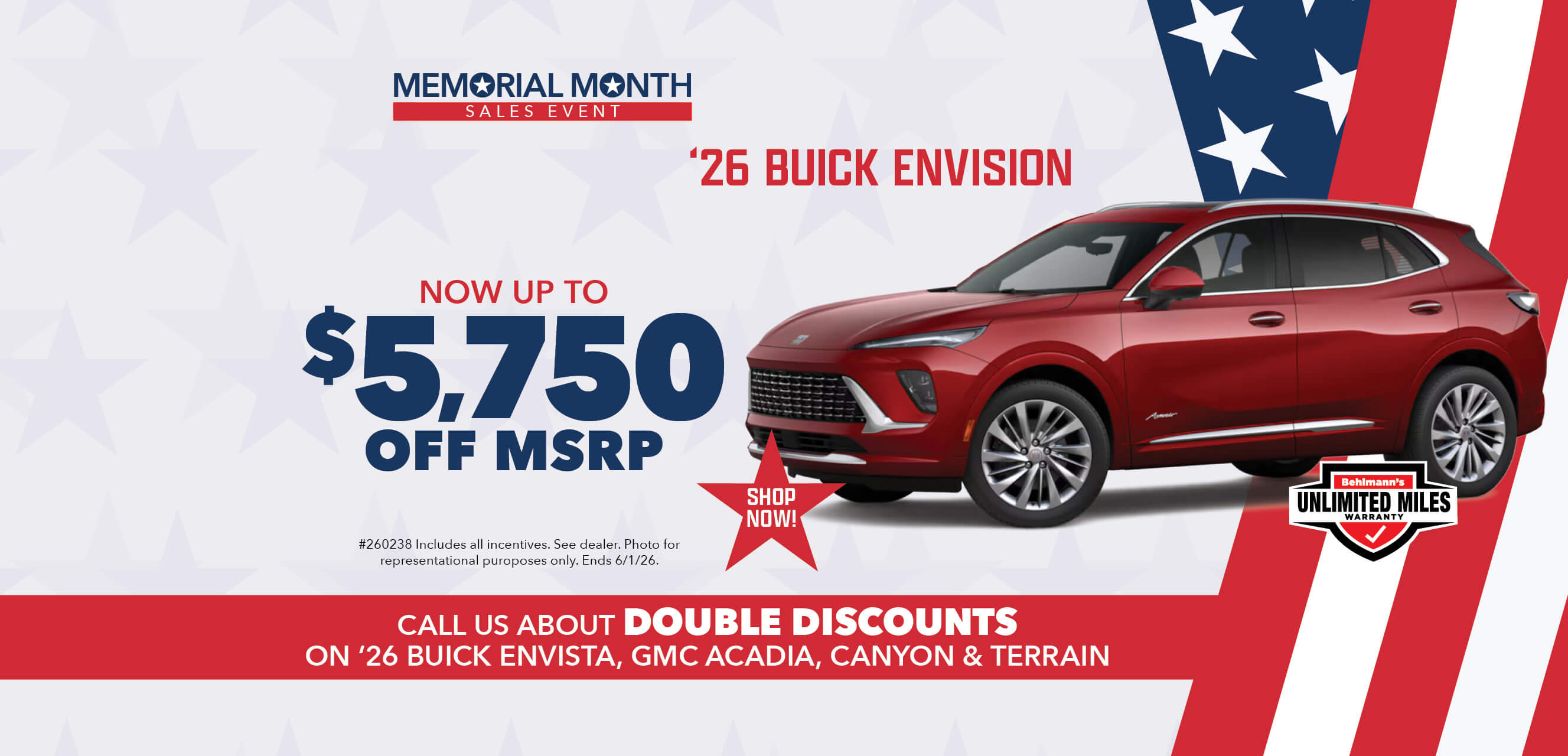 Red SUV with advertising slogans: Now up to $5,750 off MSRP on 2026 Buick Envision.