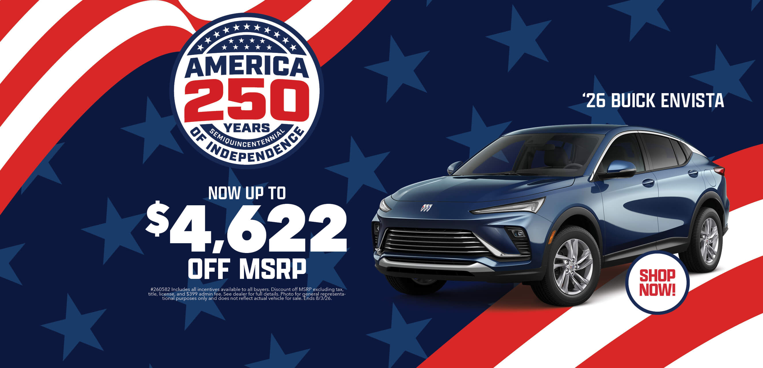 Blue SUV with advertising slogans: Now up to $4,622 off MSRP on 2026 Buick Envista.