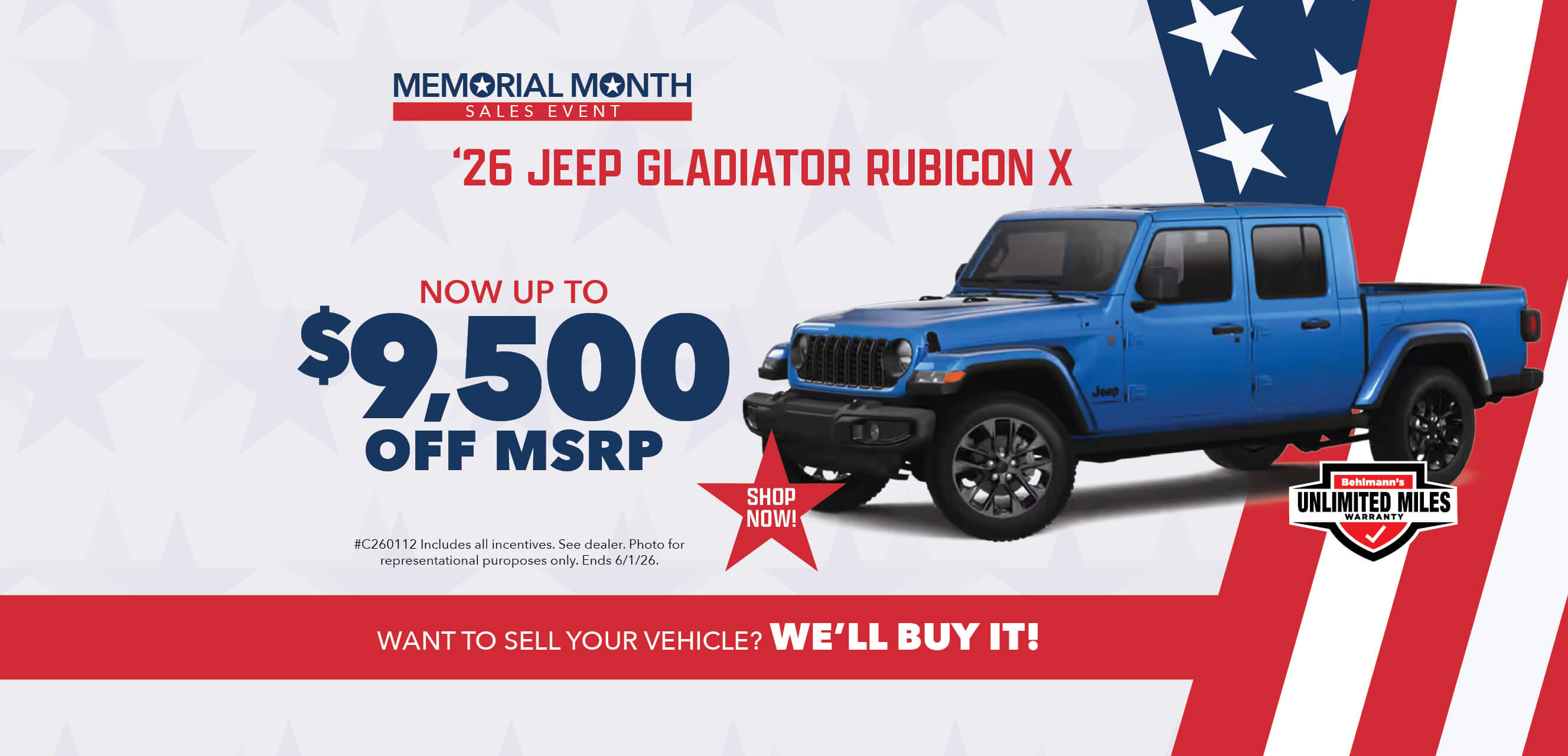 Blue truck with advertising slogans:  Now up to $9,500 off MSRP on 2026 Jeep Gladiator Rubicon X.