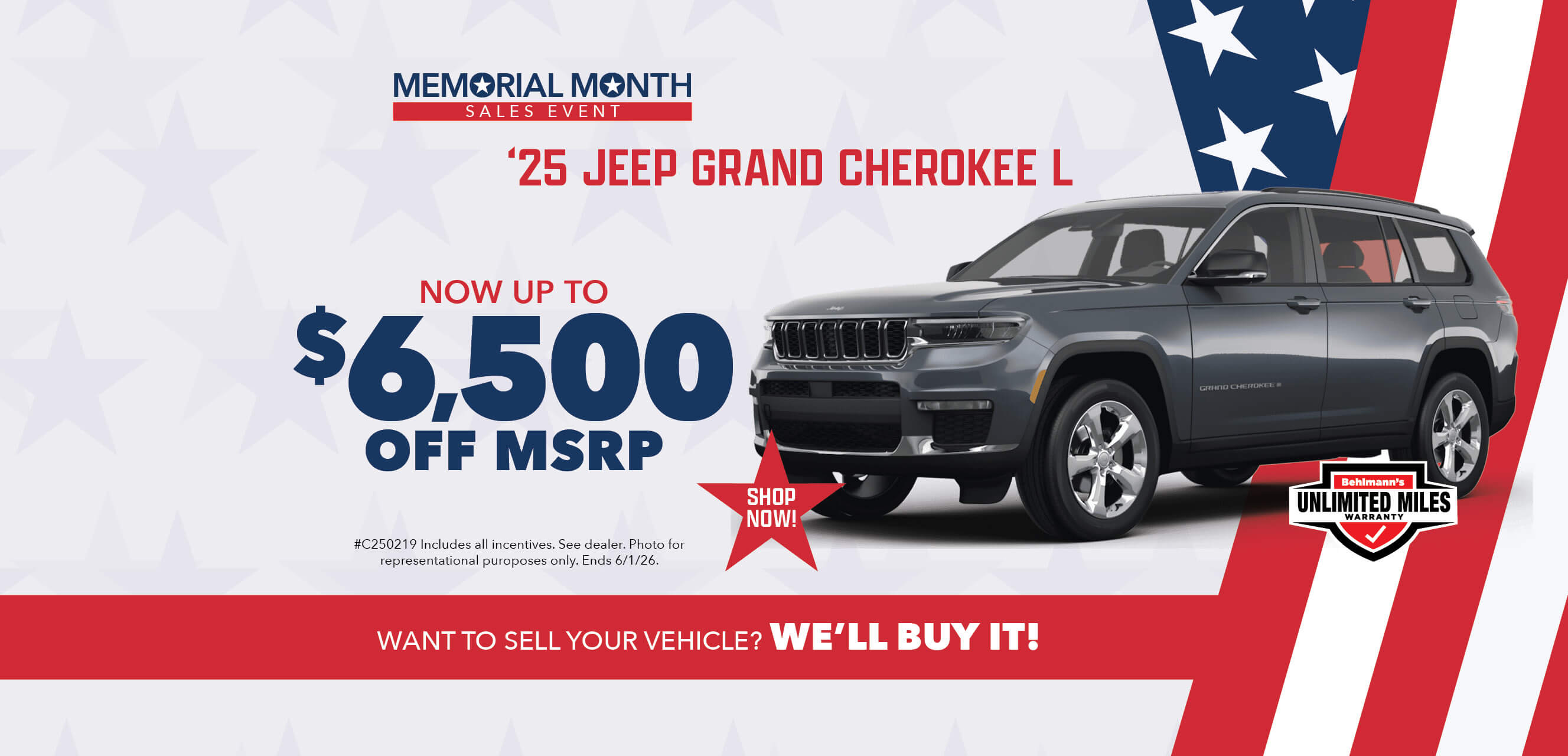 Grey SUV with advertising slogans: Now up to $6,500 off MSRP on 2025 Jeep Grand Cherokee L.