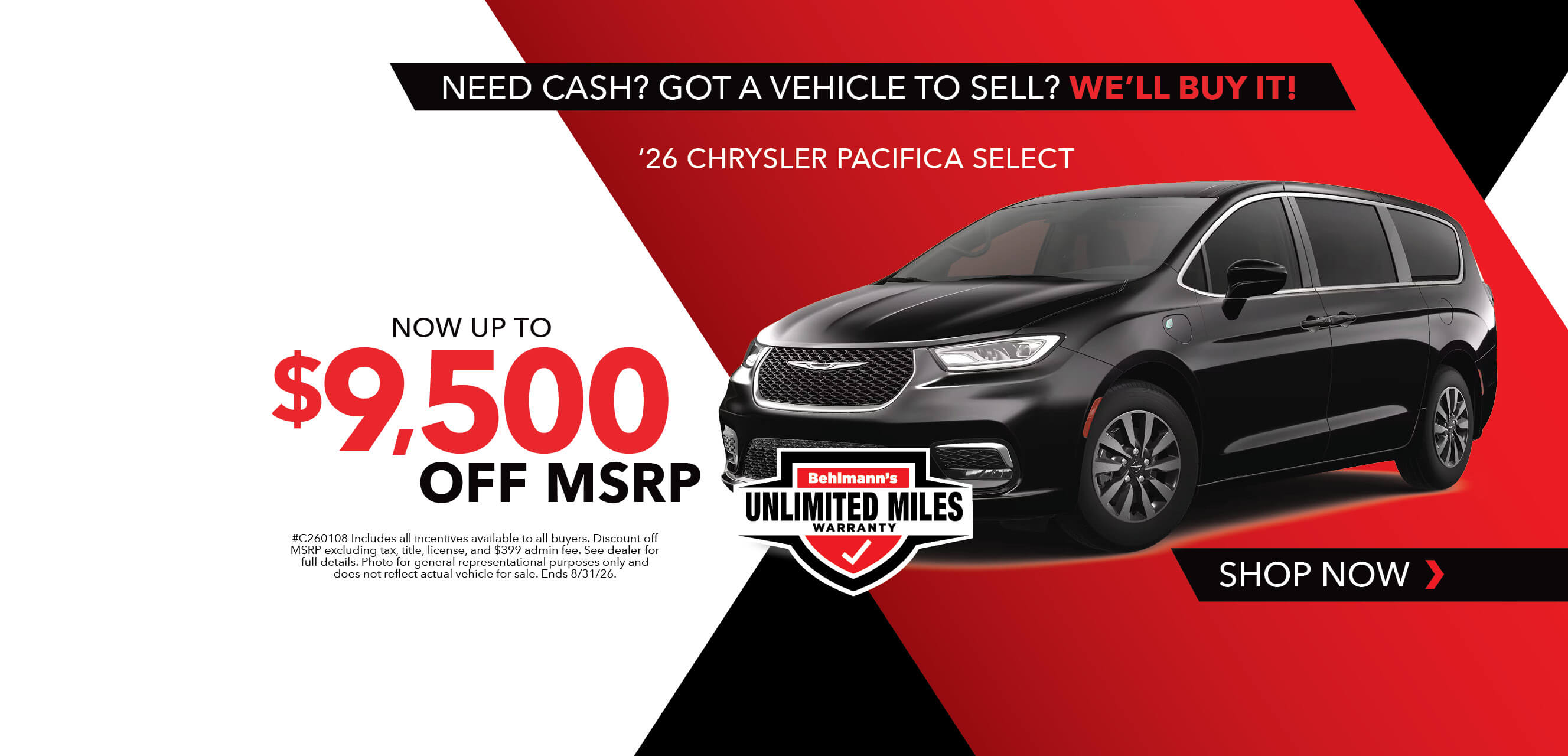Black minivan with advertising slogans: Now up to $9,500 off MSRP on 2026 Chrysler Pacifica Select