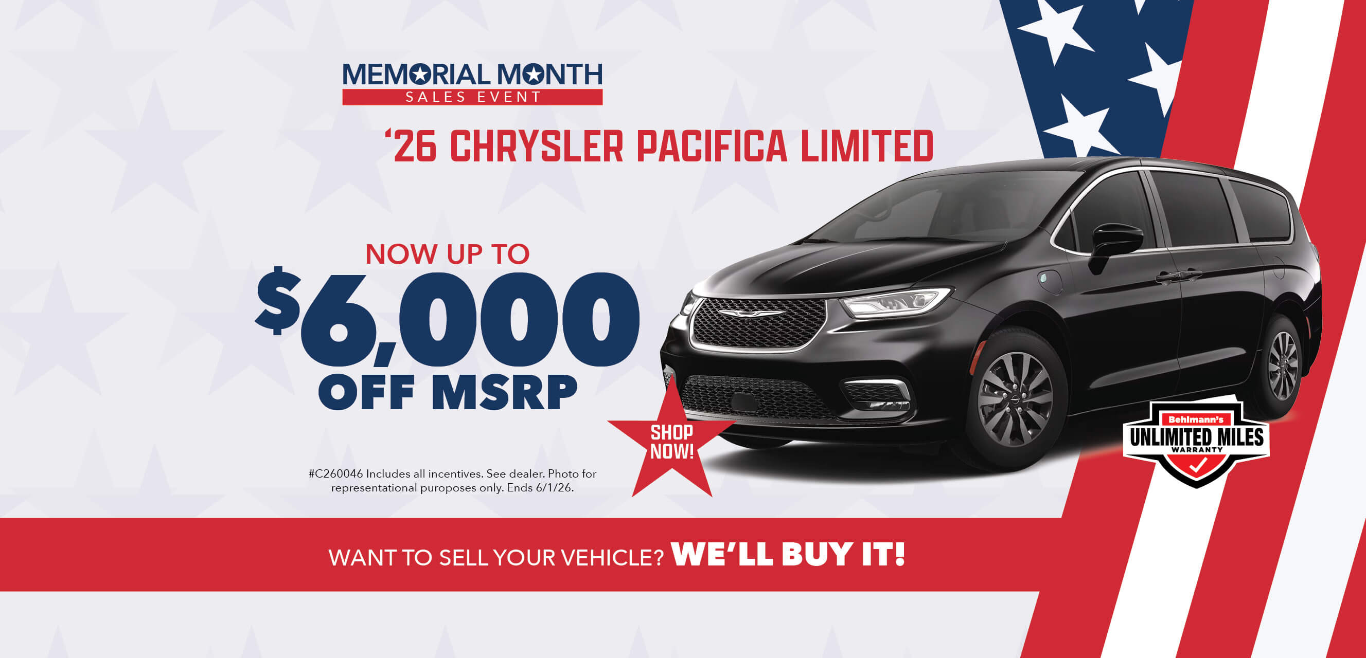 Black minivan with advertising slogans:  Now up to $6,000 off MSRP on 2026 Chrysler Pacifica Limited
