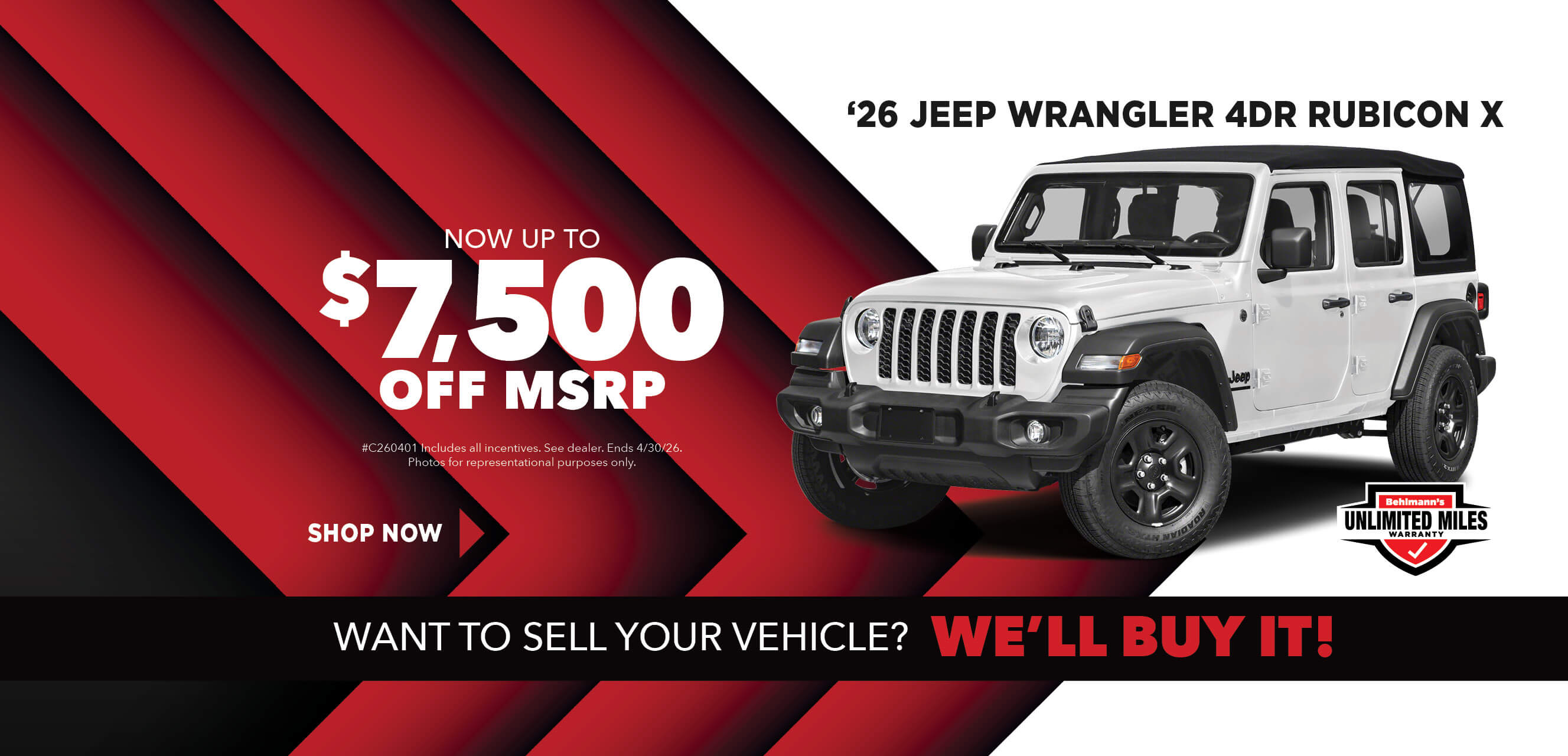 White SUV with advertising slogans:  Now up to $7,500 off MSRP on 2026 Jeep Wrangler 4DR Rubicon X.